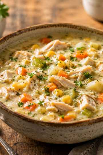 Healthy chicken chowder recipe with potatoes, corn, carrots and shredded chicken in a ceramic bowl.