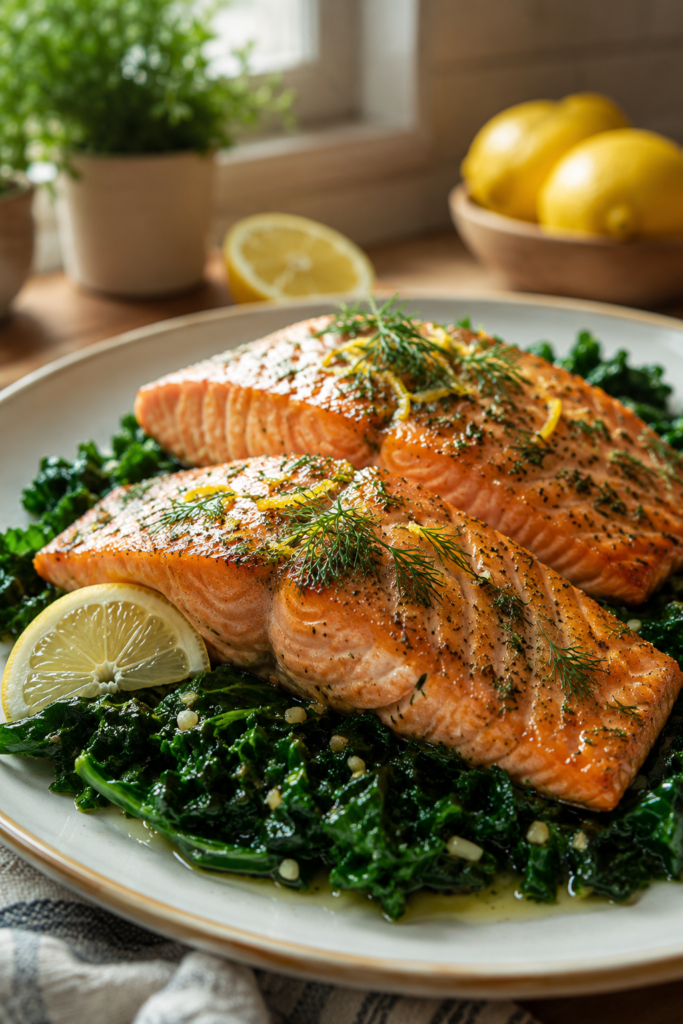 Herbed Lemon Salmon over Steam-Sizzled Greens Recipe