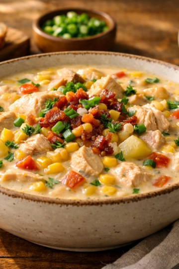 Healthy High-Protein Crockpot Chicken Corn Chowder served and ready to eat.
