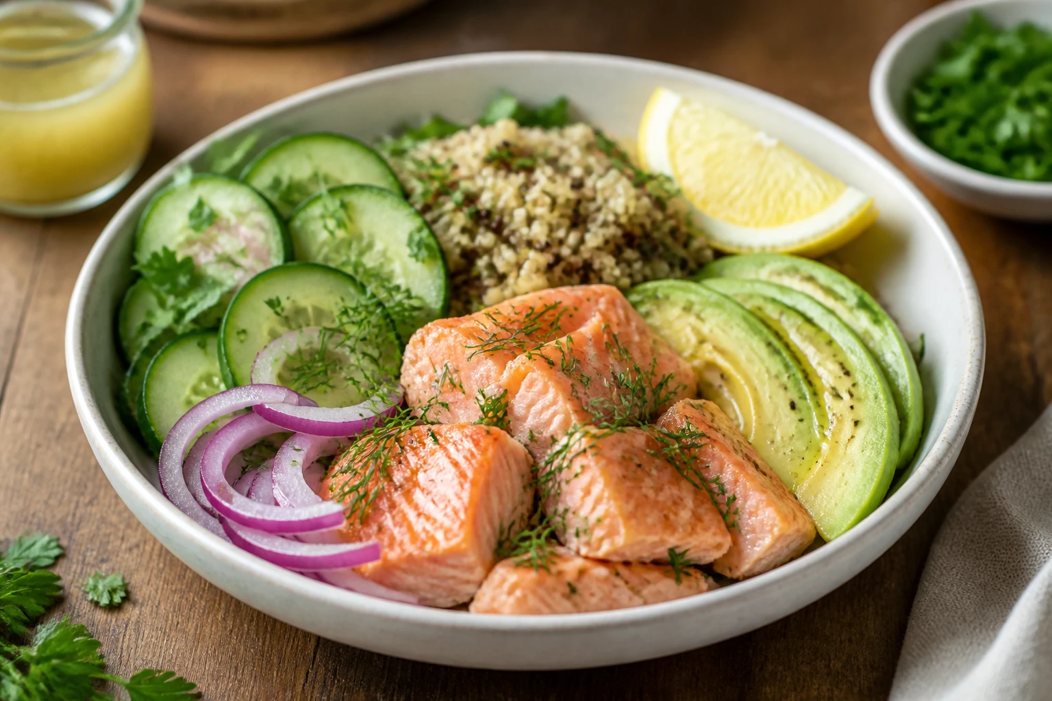 Salmon quinoa bowl with herbs and avocado slices