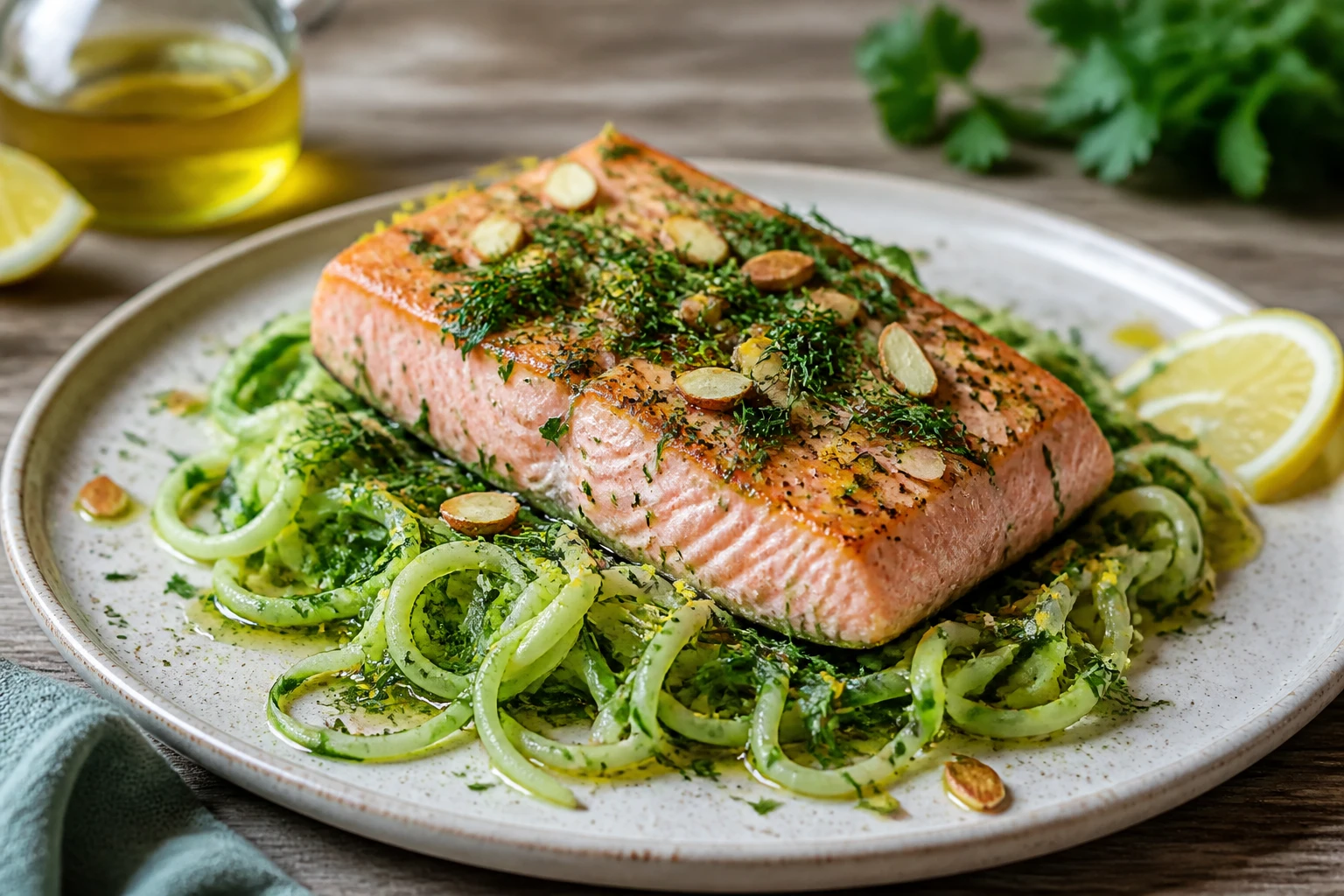 Salmon over zucchini noodles with lemon, herbs, and almond crunch