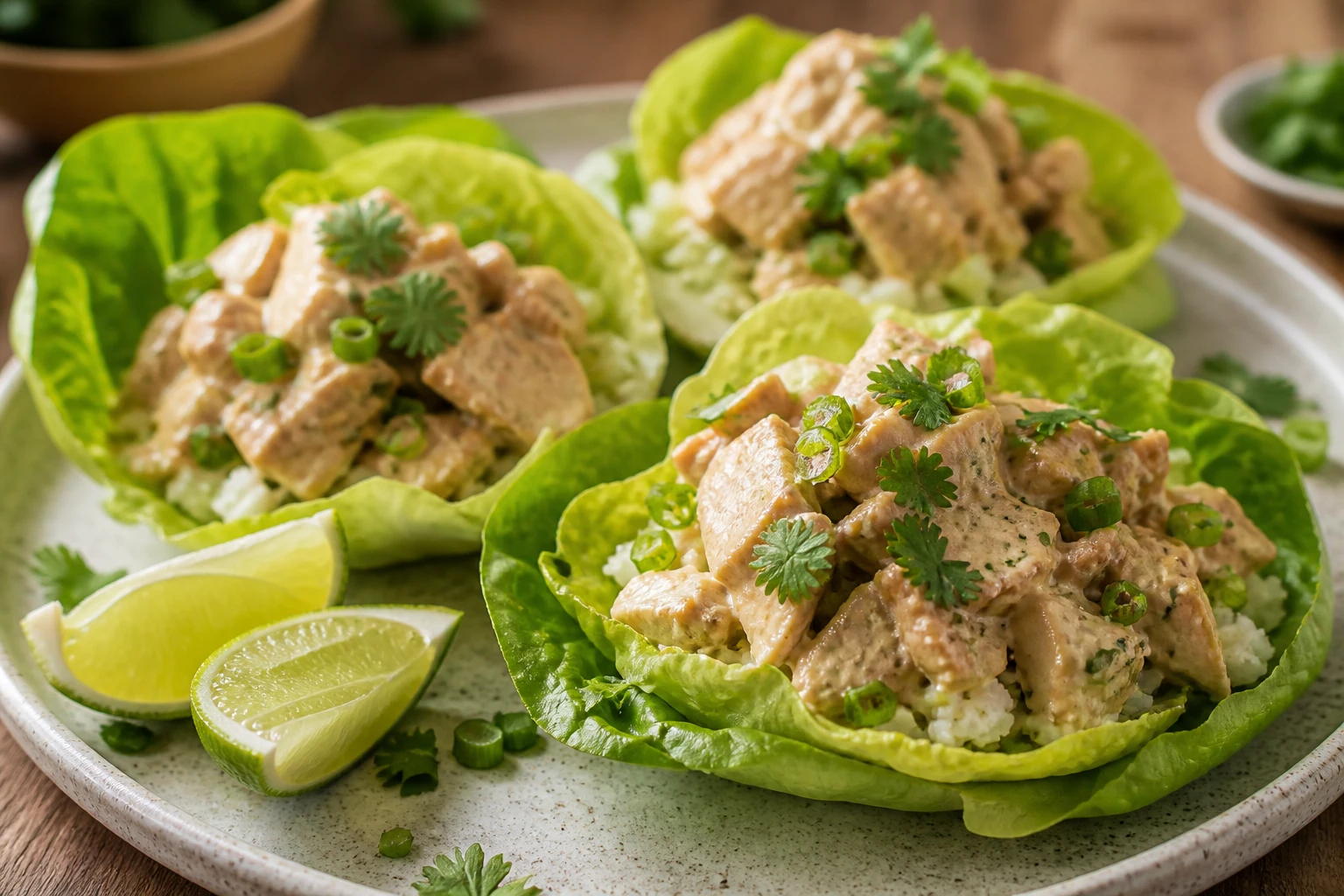 Coconut ginger chicken served in lettuce cups with cauliflower rice