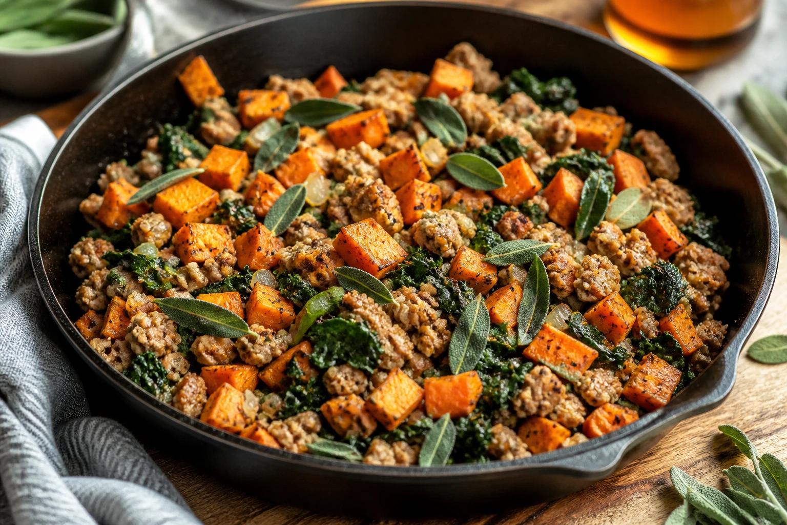 Sweet potato hash with turkey and sage