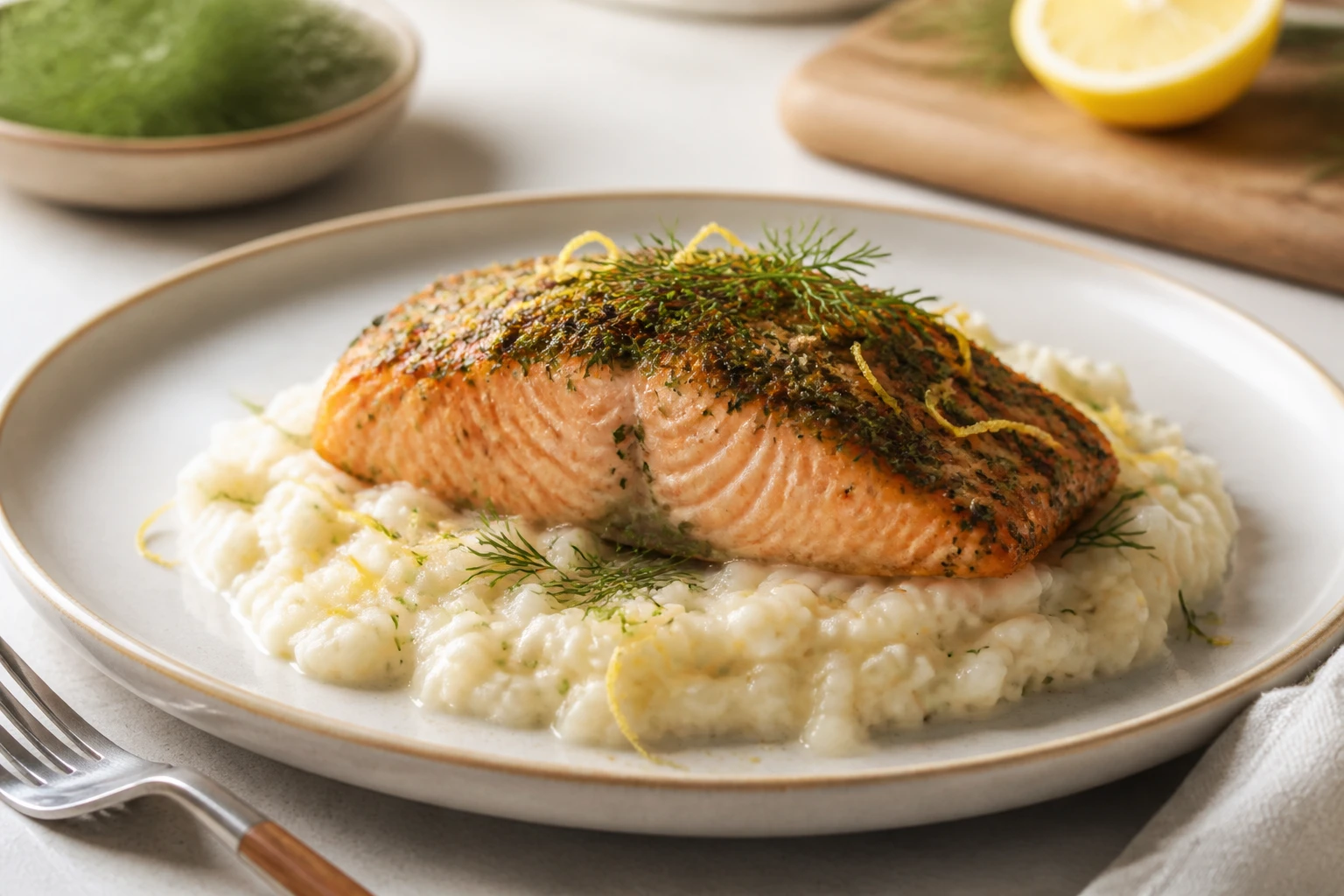 Salmon fillet on a bed of creamy cauliflower risotto with lemon and herbs, AIP-friendly.