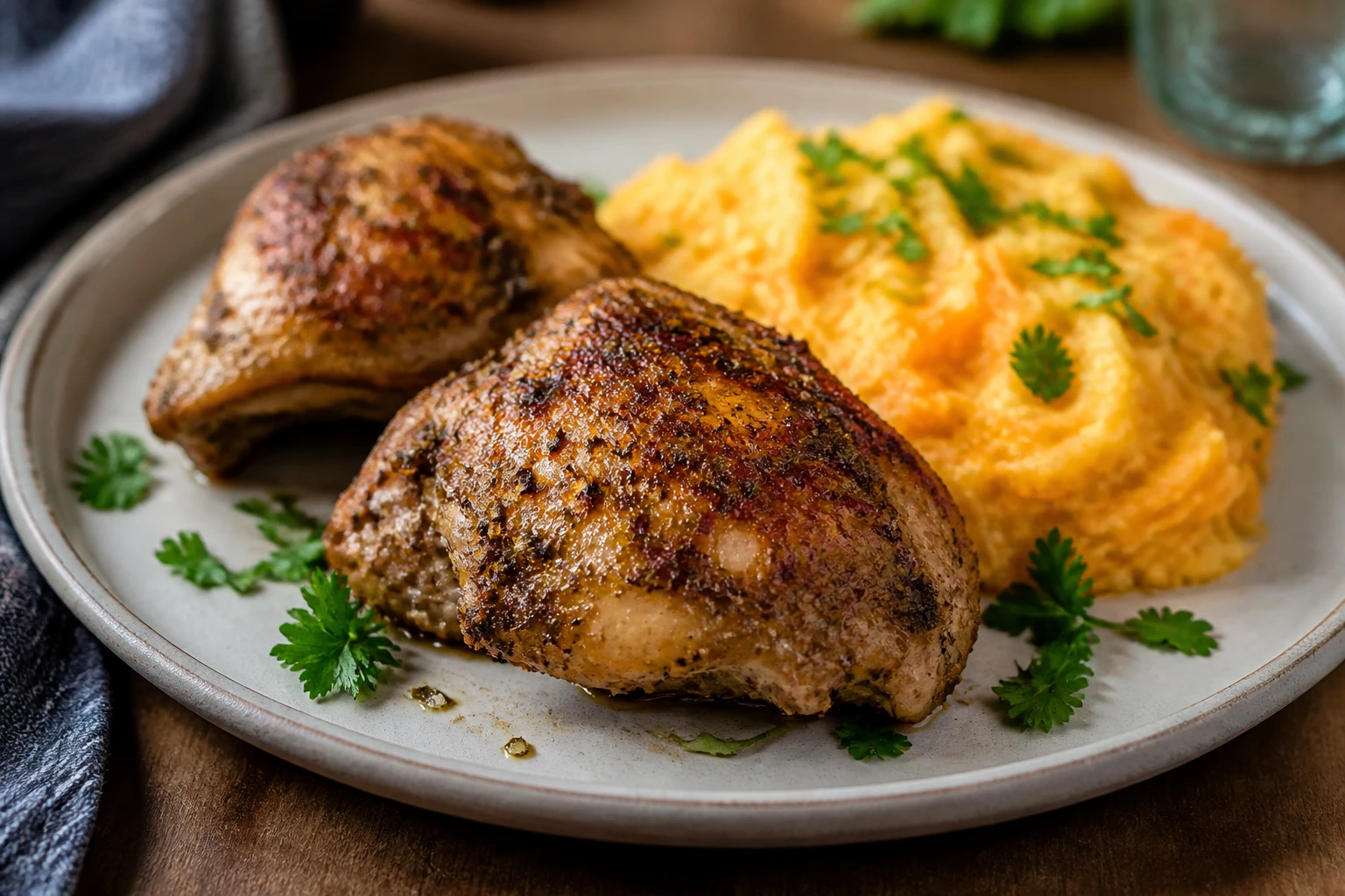 Herb-roasted chicken thighs with creamy parsnip and carrot mash, dairy-free and gluten-free.
