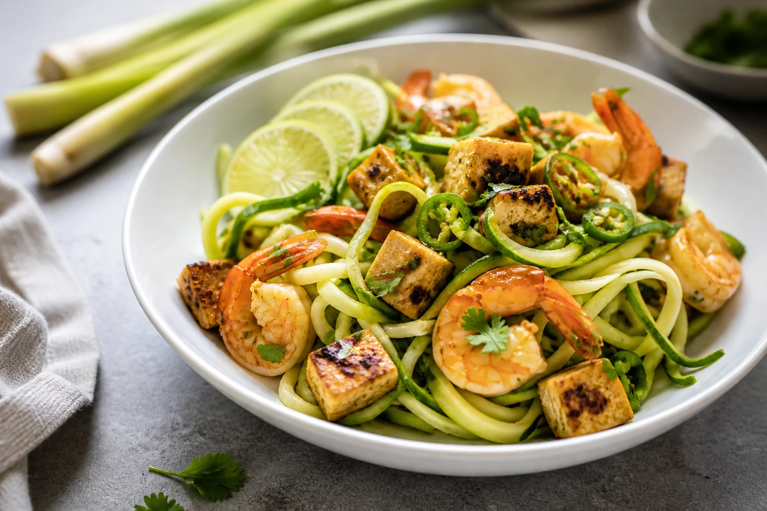 Tofu and shrimp over zucchini noodles in coconut lemongrass sauce.