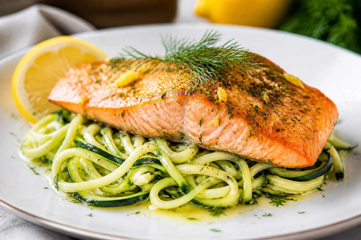 Baked salmon with lemon dill glaze on zucchini noodles, AIP-friendly dinner