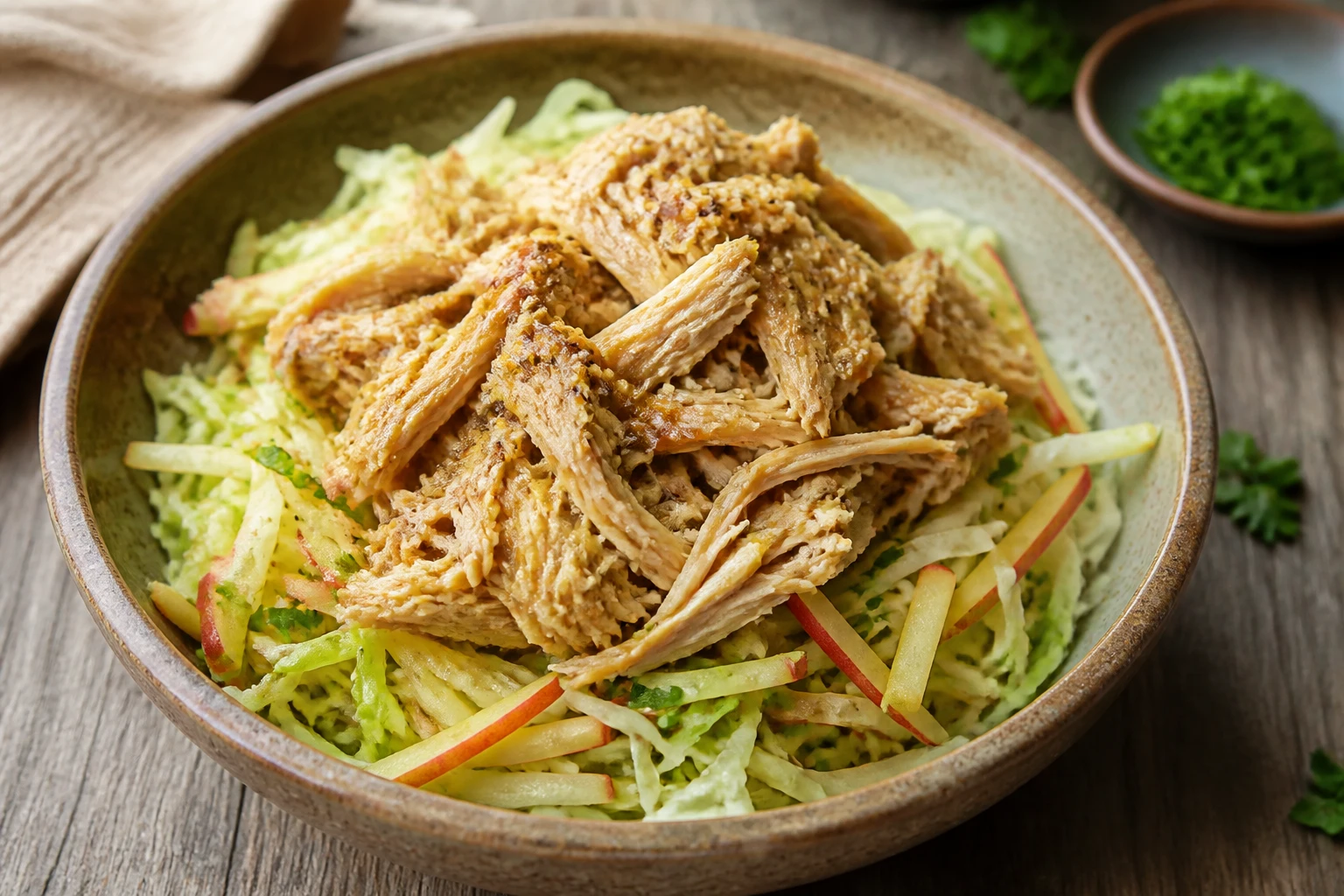 Shredded chicken over cabbage-apple slaw in a rustic bowl, AIP and nightshade-free