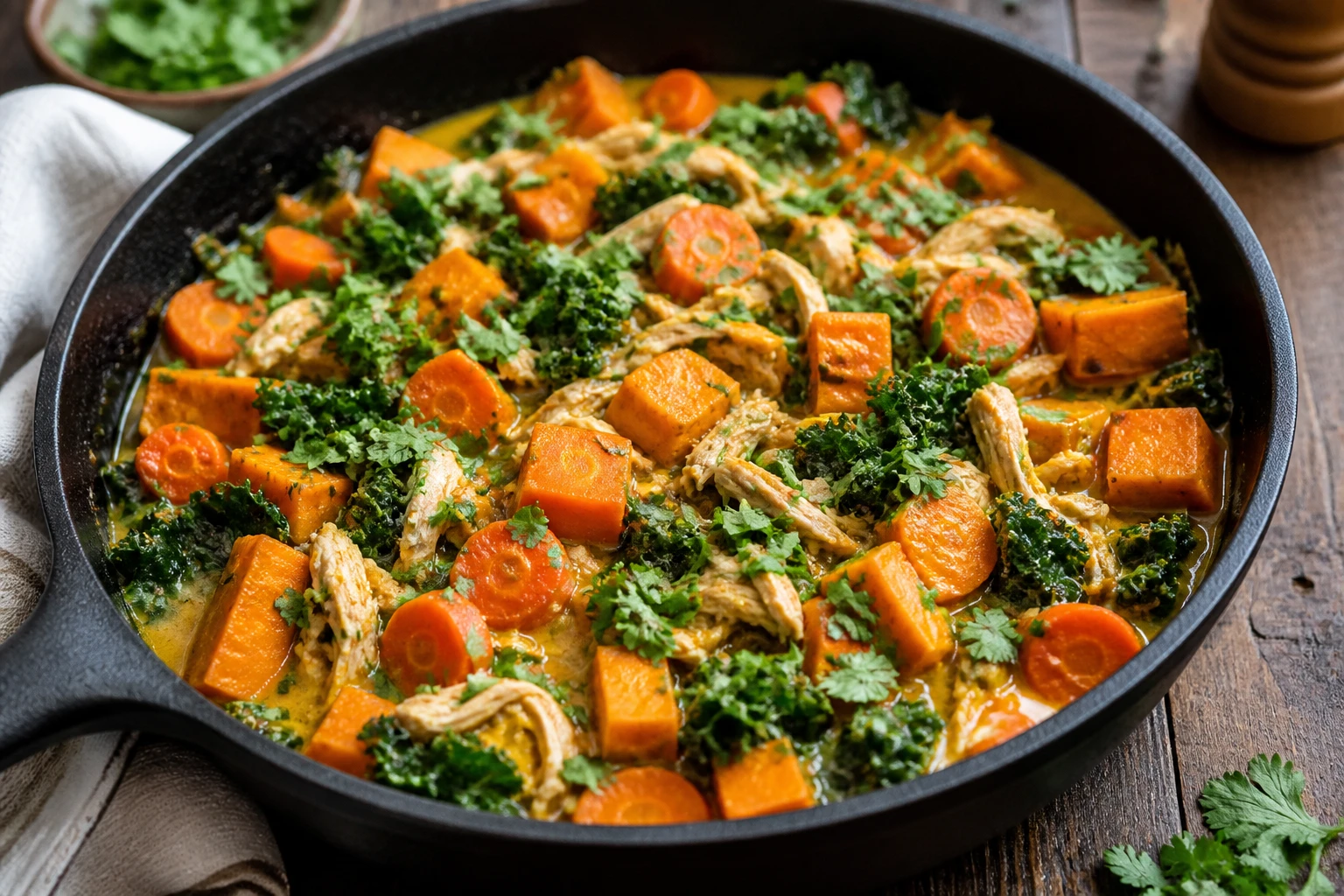 One-pan chicken and sweet potato skillet with coconut milk