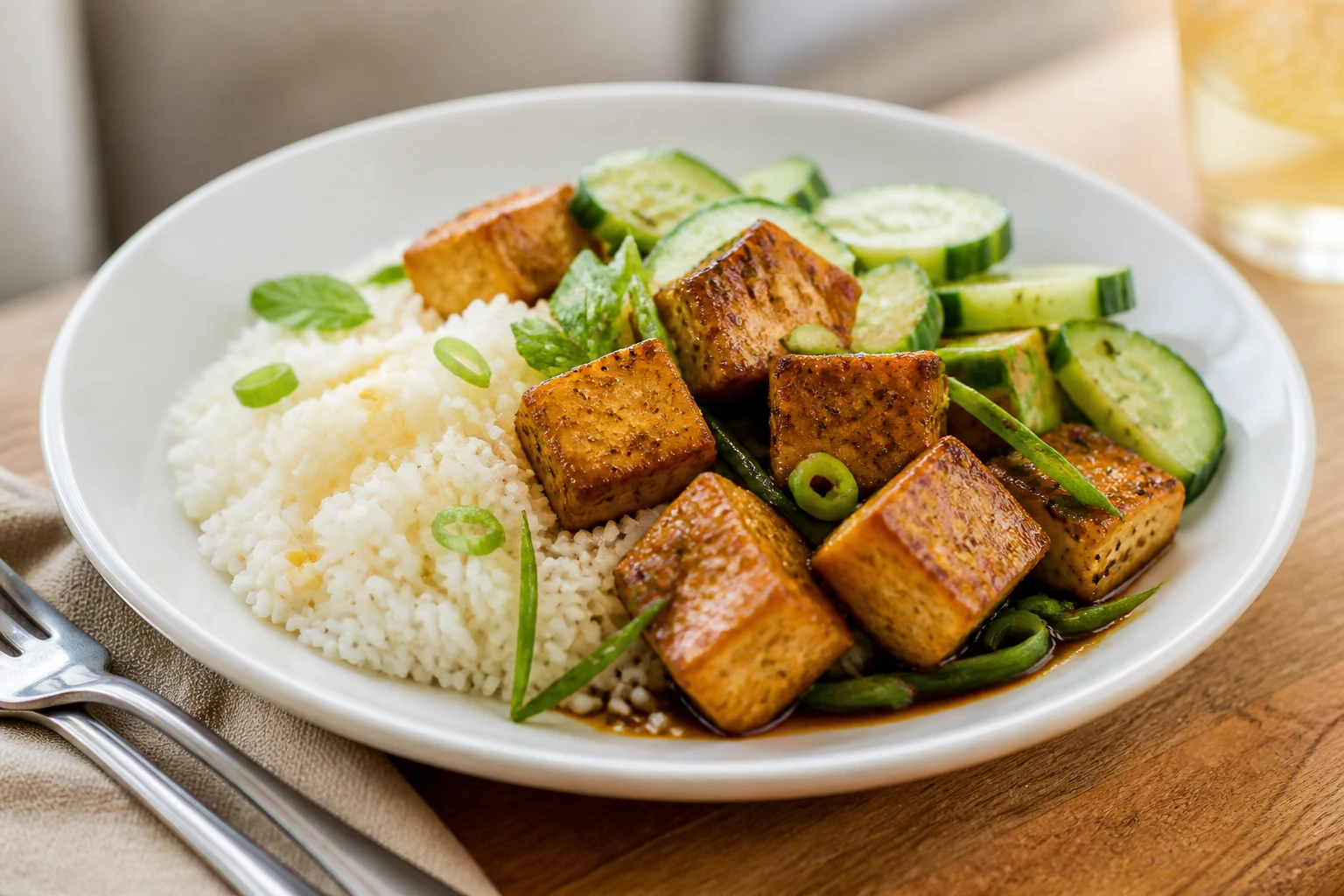 Tofu with coconut lemongrass sauce over ginger rice