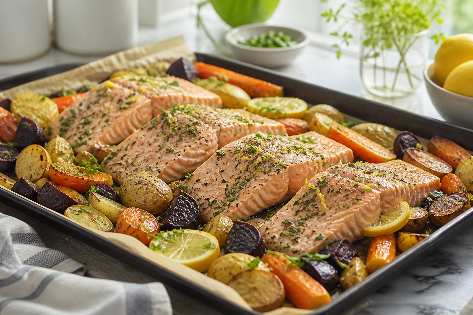 Poached salmon with lemon-herb glaze served with roasted carrots, parsnips, zucchini, and turnips on a sheet pan.