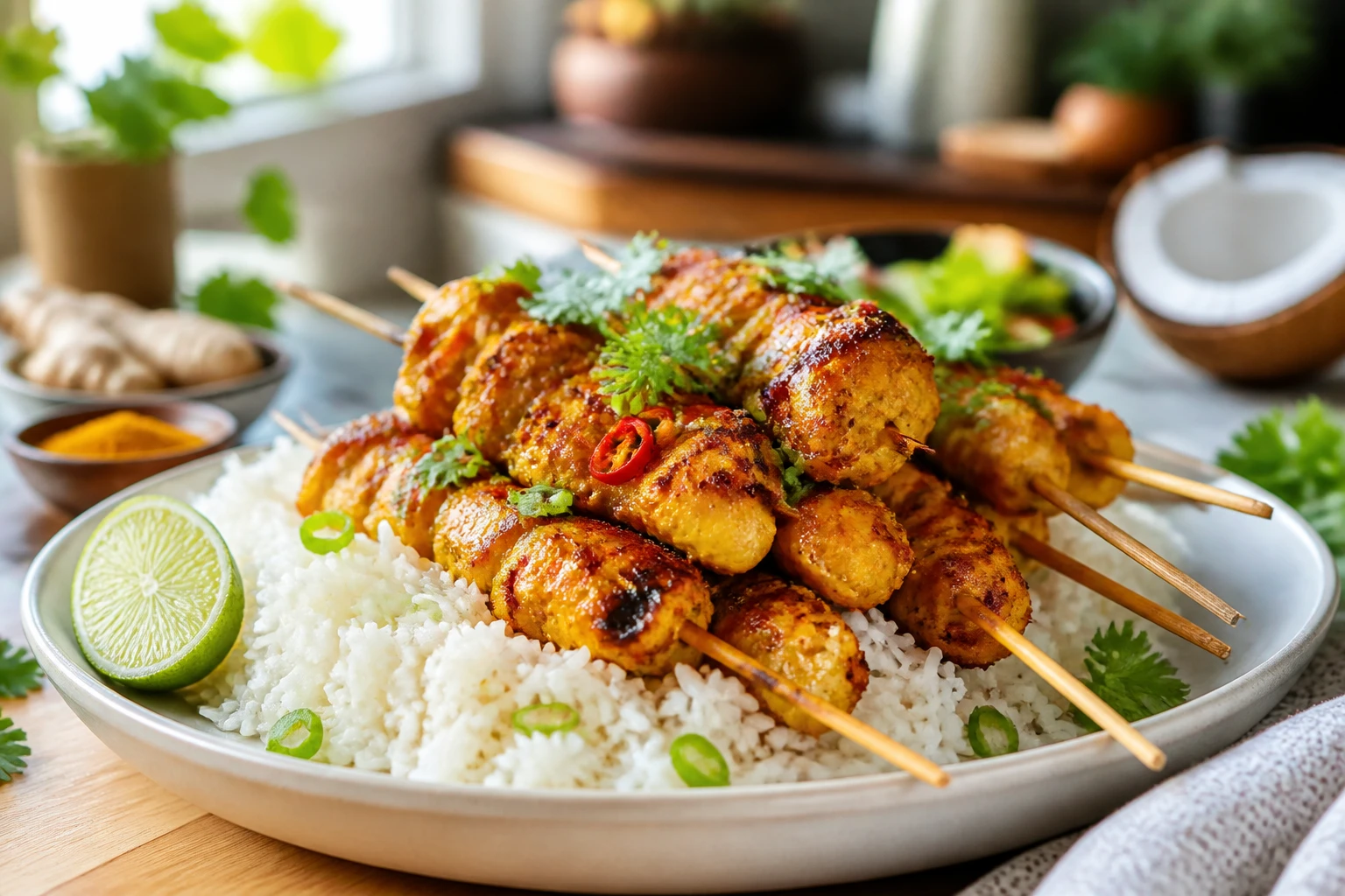 Coconut-ginger turmeric chicken skewers over coconut rice on a plate.
