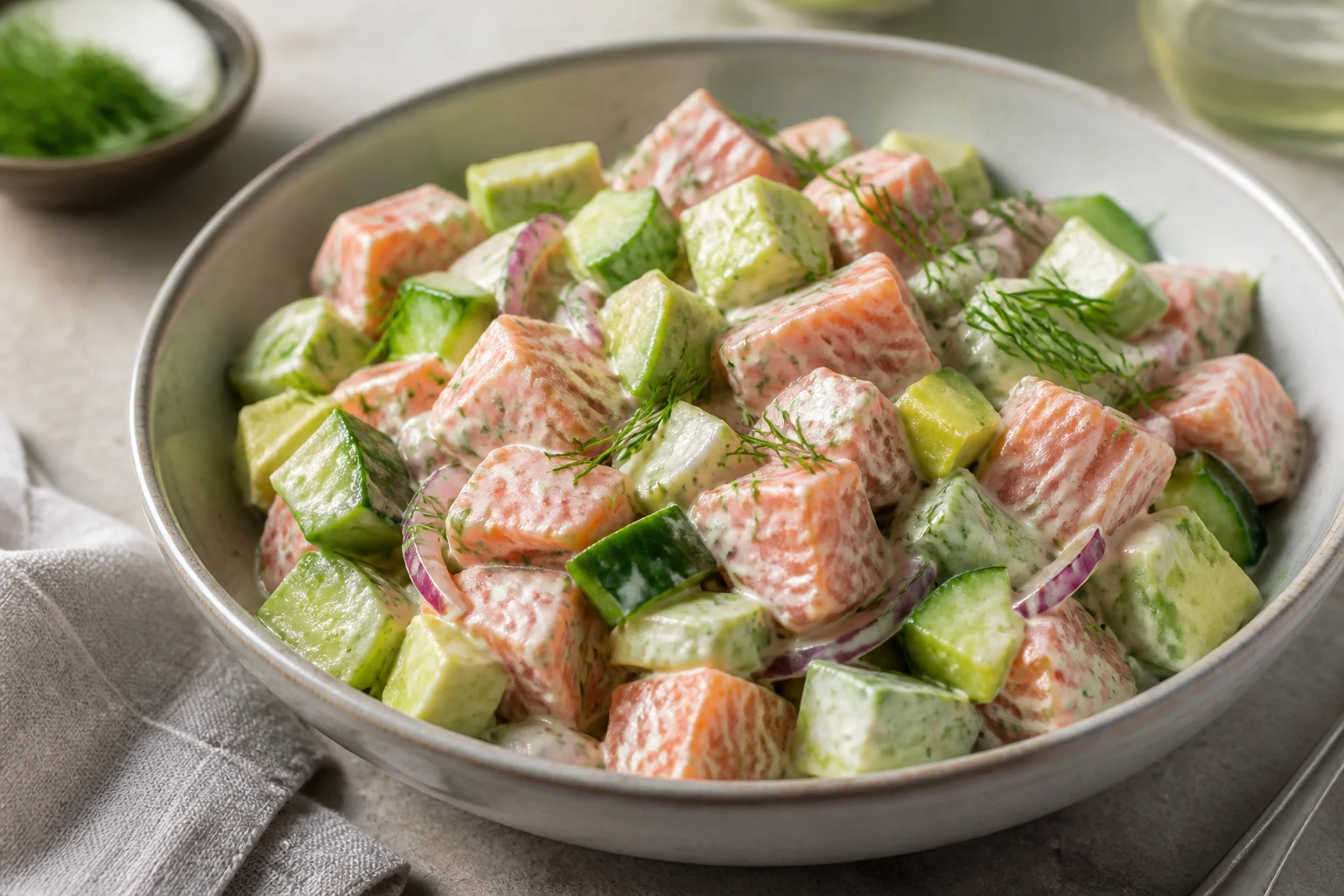 Salmon salad with avocado and cucumber in lemon-garlic dressing.