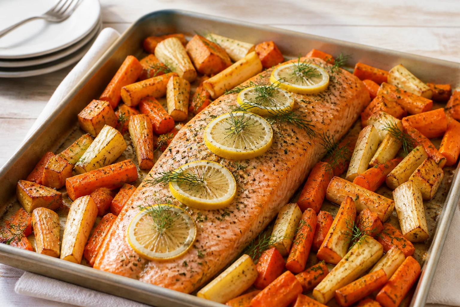 Herbed lemon salmon with roasted root vegetables on a plate