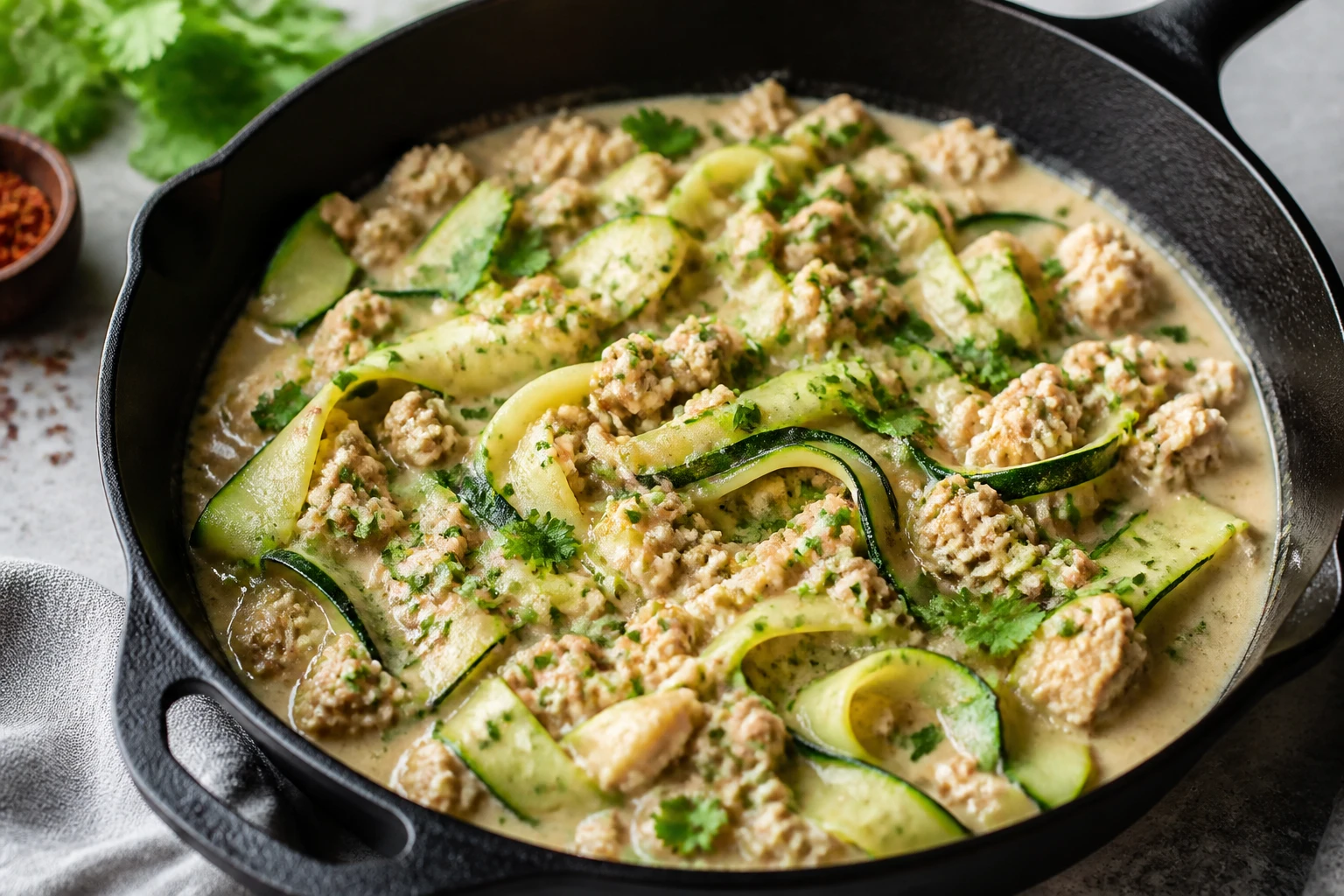 Ground turkey and zucchini in coconut ginger sauce