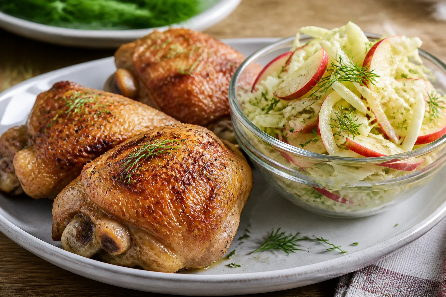 Roasted chicken thighs with apple and cabbage slaw