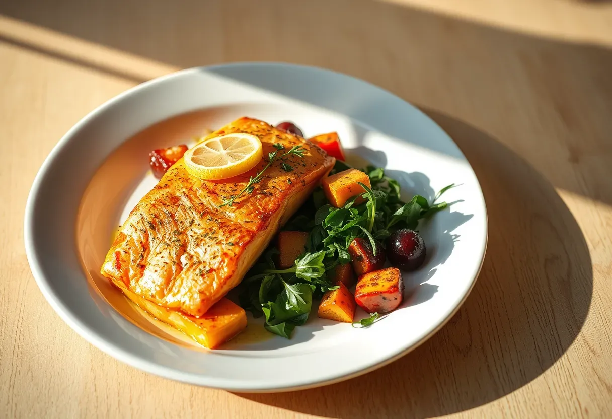 Salmon on a bed of greens with roasted root vegetables and lemon