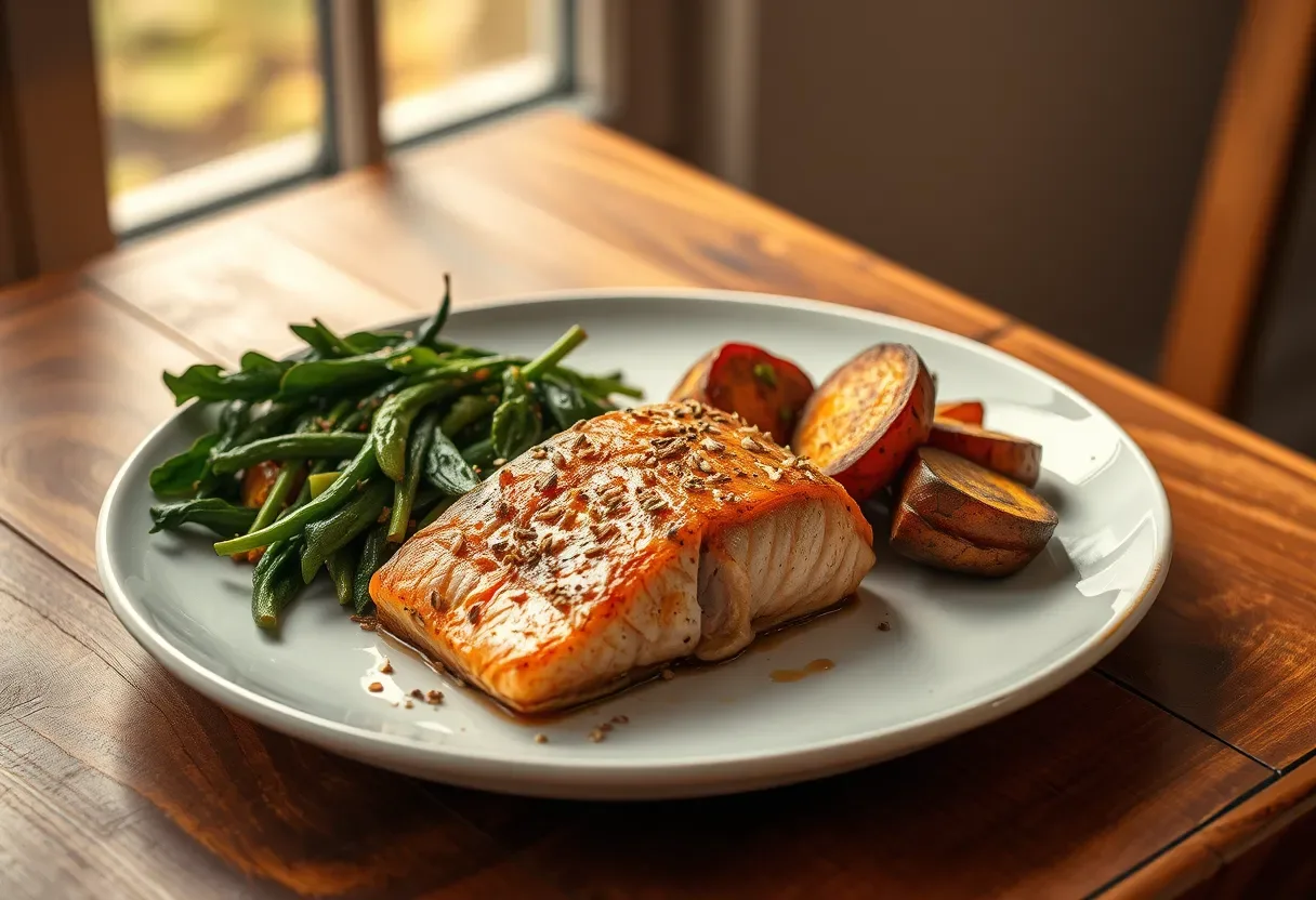 Coconut-ginger salmon with garlicky greens and roasted root vegetables on a white plate