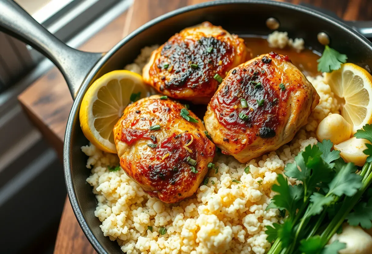 Skillet lemon herb chicken over cauliflower rice with fresh herbs