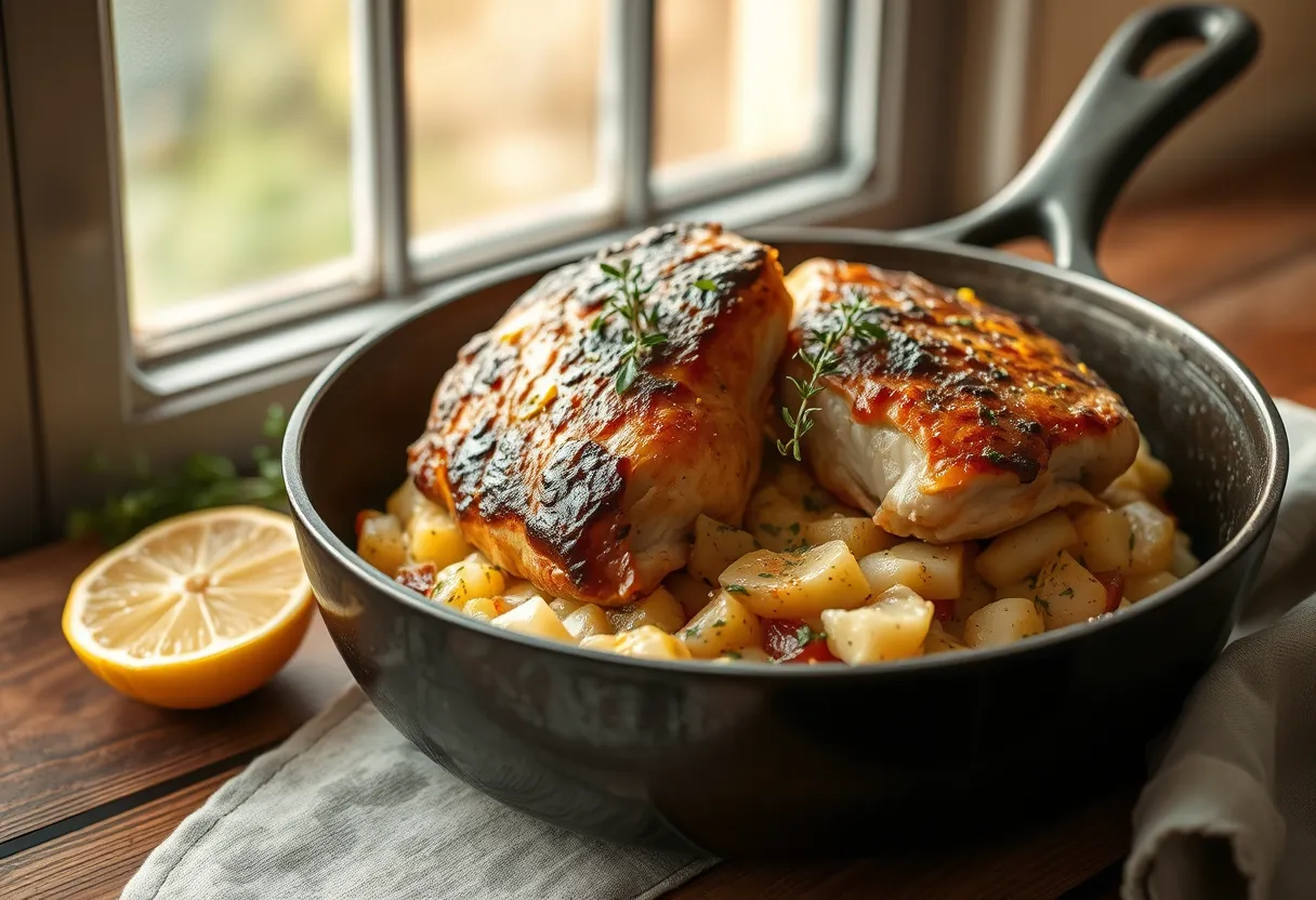 Skillet lemon chicken with root veggie mash on a wooden table, fresh herbs