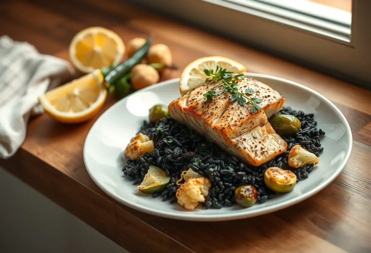 Lemon-Herb Poached Salmon over Forbidden Rice with roasted vegetables