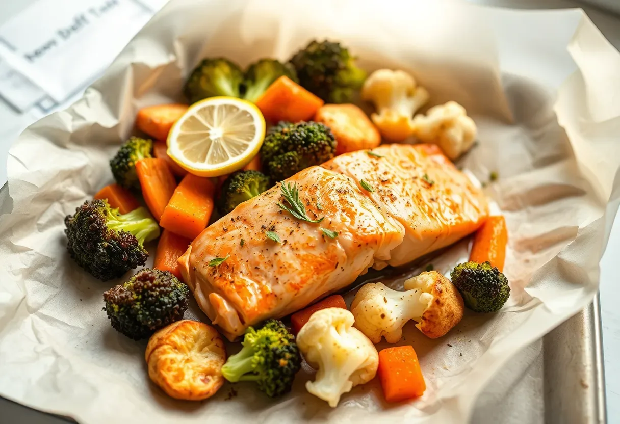 Salmon fillets roasted with citrus zest and a medley of zucchini, carrot, broccoli, and cauliflower