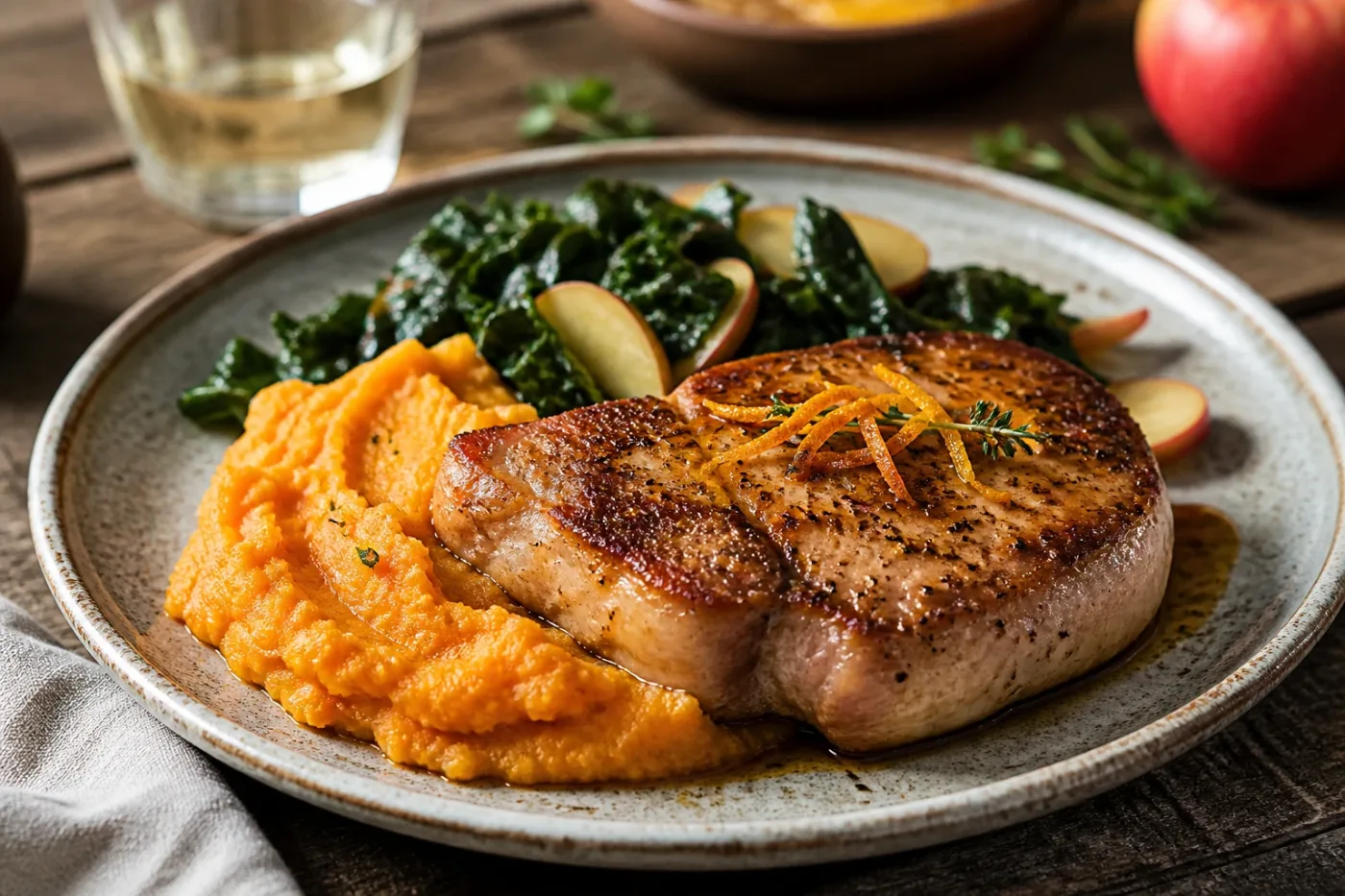 Pork chops with apple-carrot mash and sautéed greens, paleo dinner idea