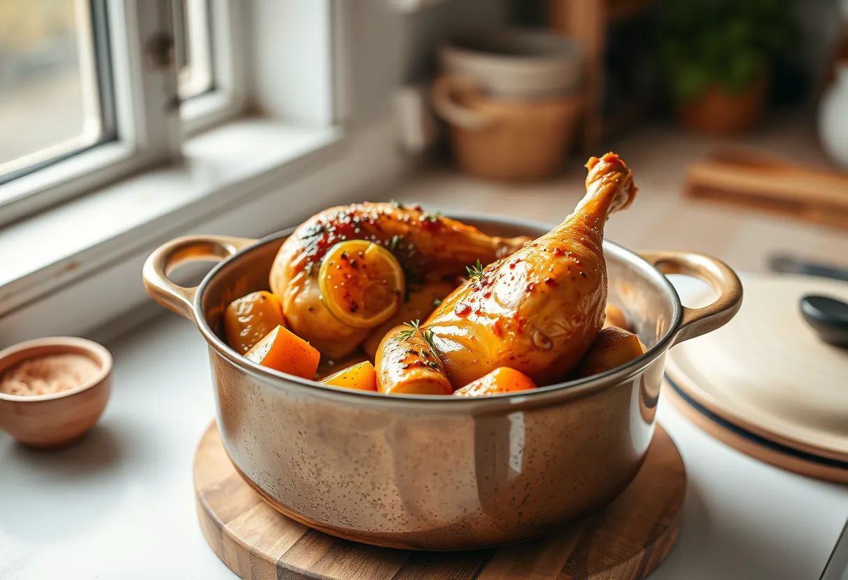 Braised chicken thighs with root vegetables and citrus in a cozy pot