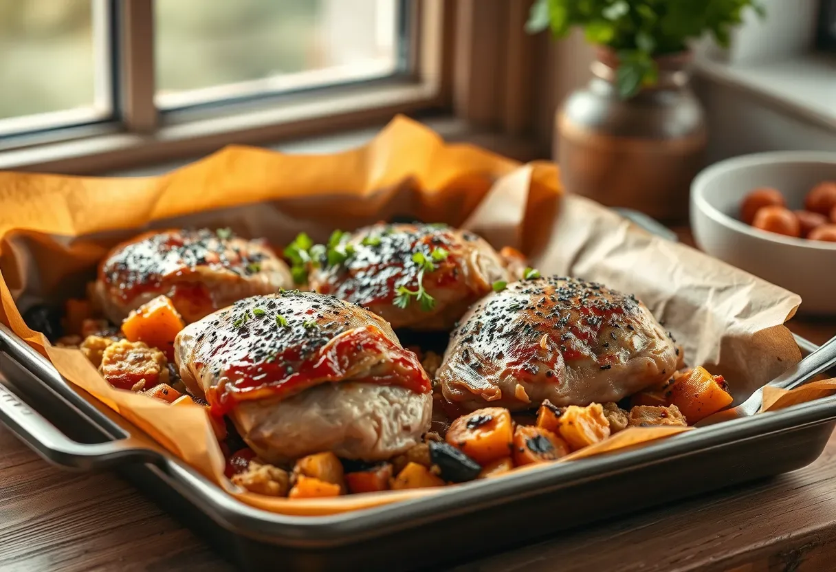 Roasted turkey thighs with creamy parsnip turnip mash and herbs