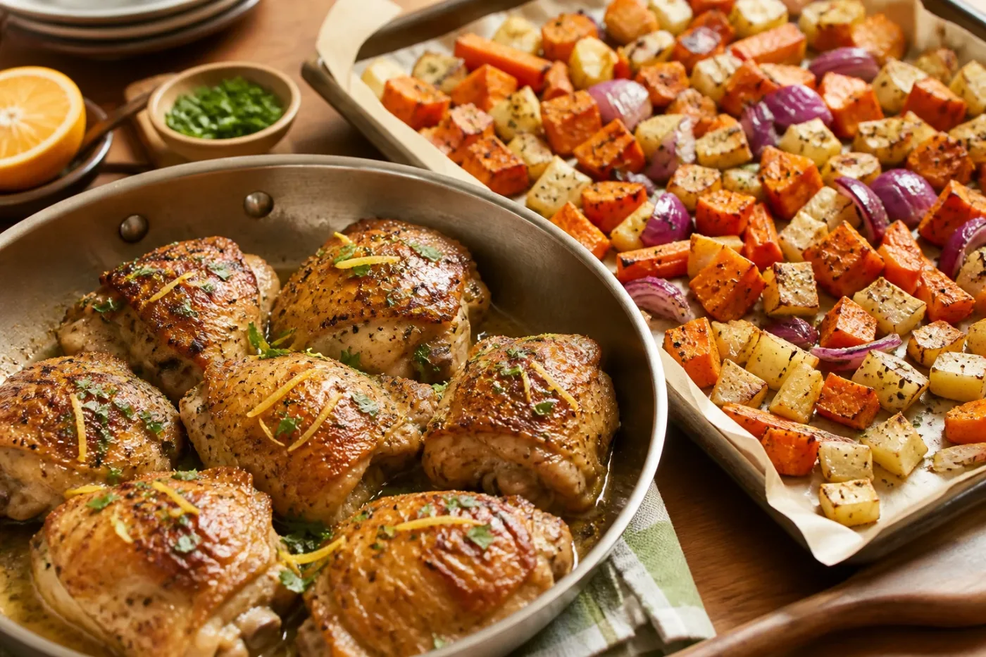 Citrus-Herb Chicken Thighs with Roasted Root Medley on a baking sheet