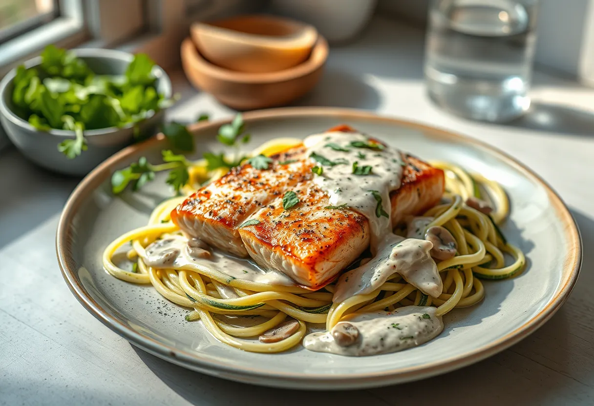 Salmon with coconut mushroom cream over zucchini noodles