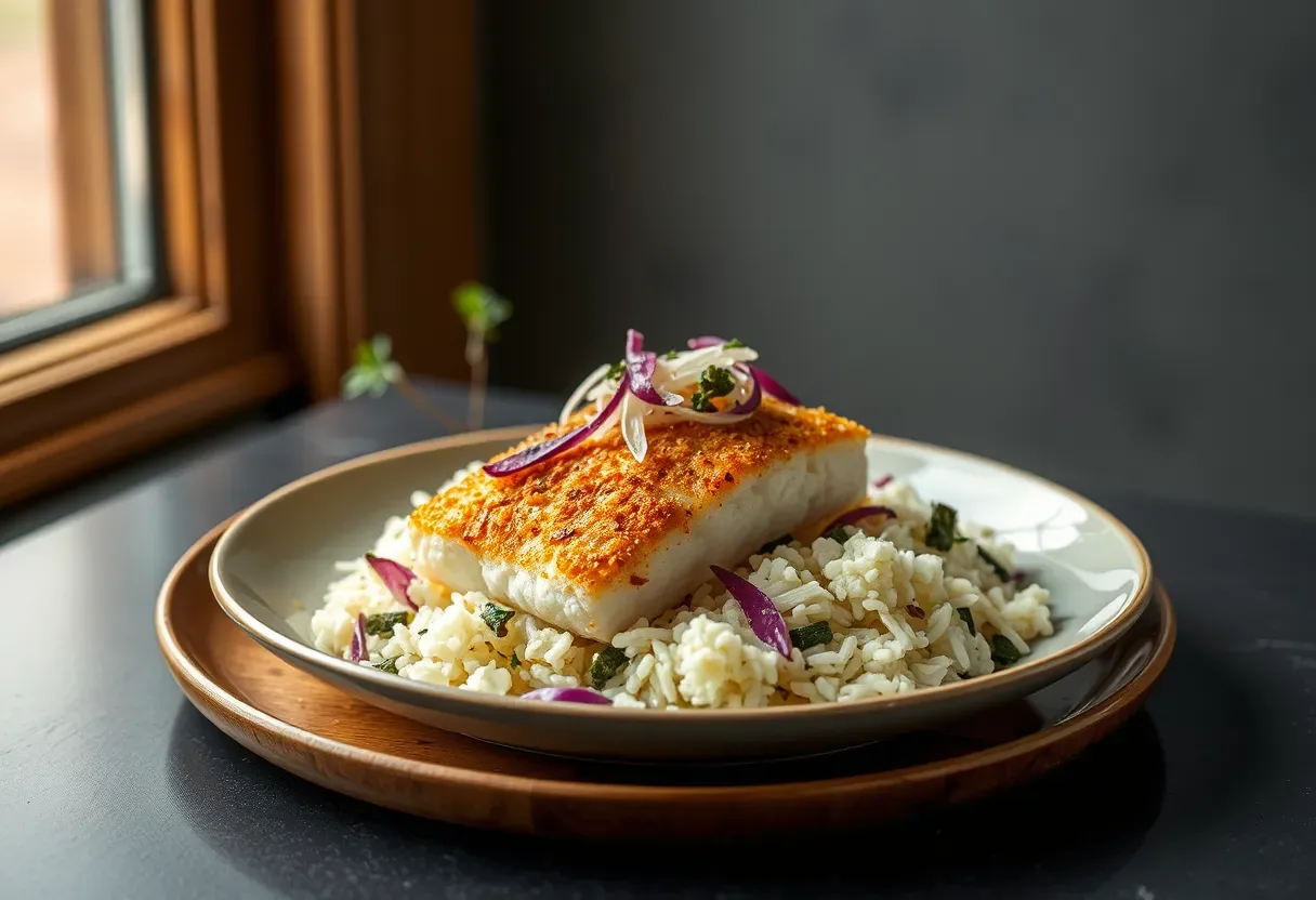 Coconut-Crusted Cod with Zesty Cabbage Slaw and Seaweed Rice