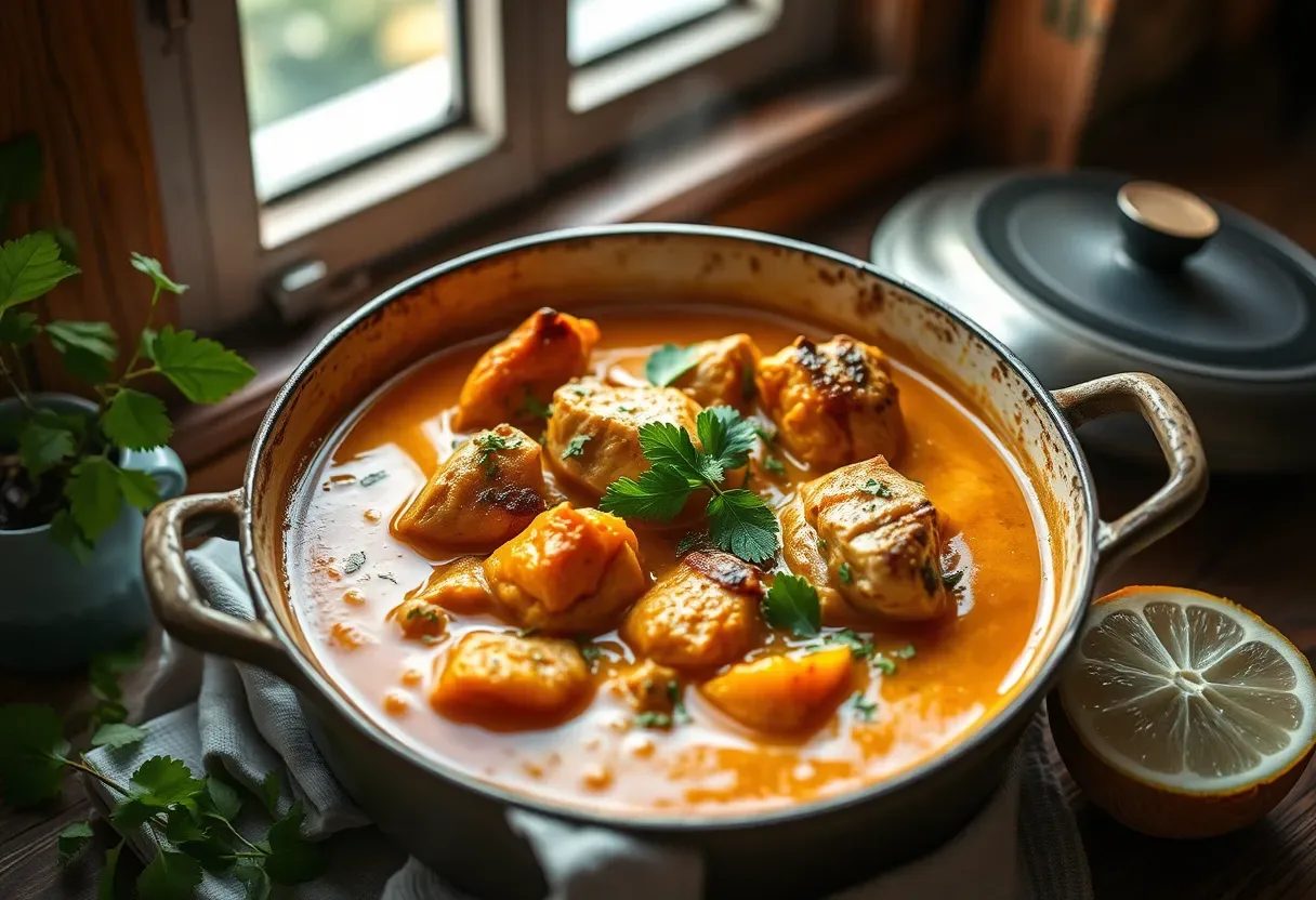 Creamy coconut-ginger chicken stew featuring pumpkin purée and a bright lime finish, garnished with fresh herbs