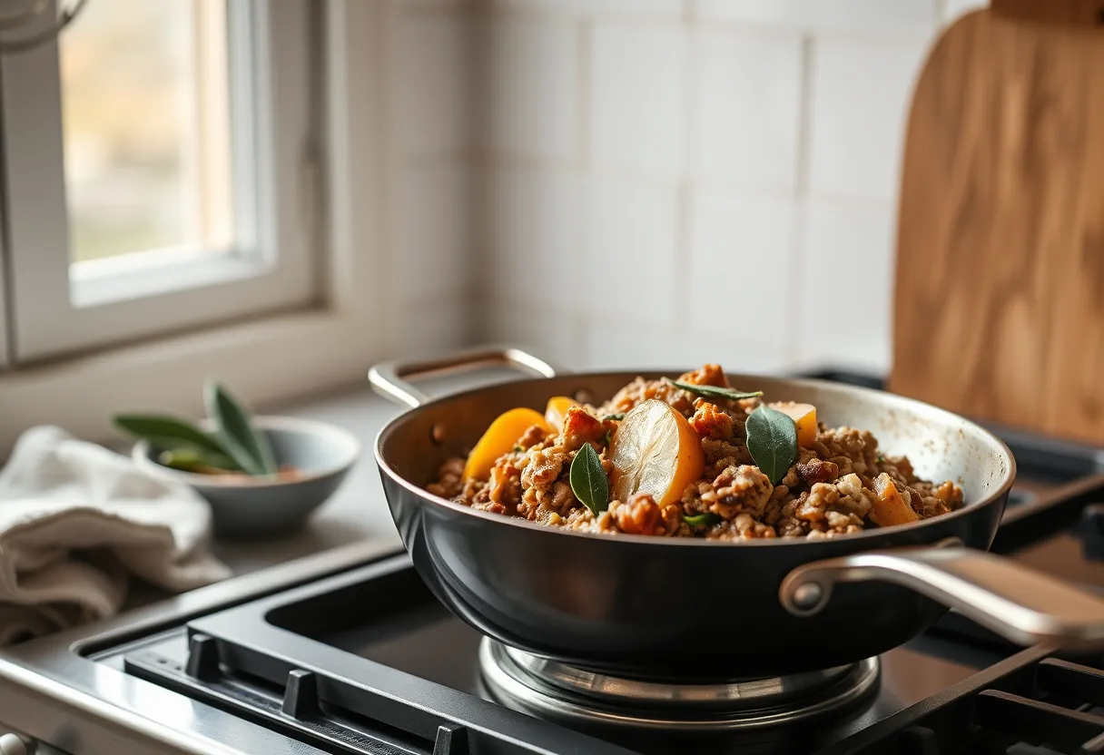 Ground turkey skillet with apples and sage in coconut oil, simple AIP-friendly dinner