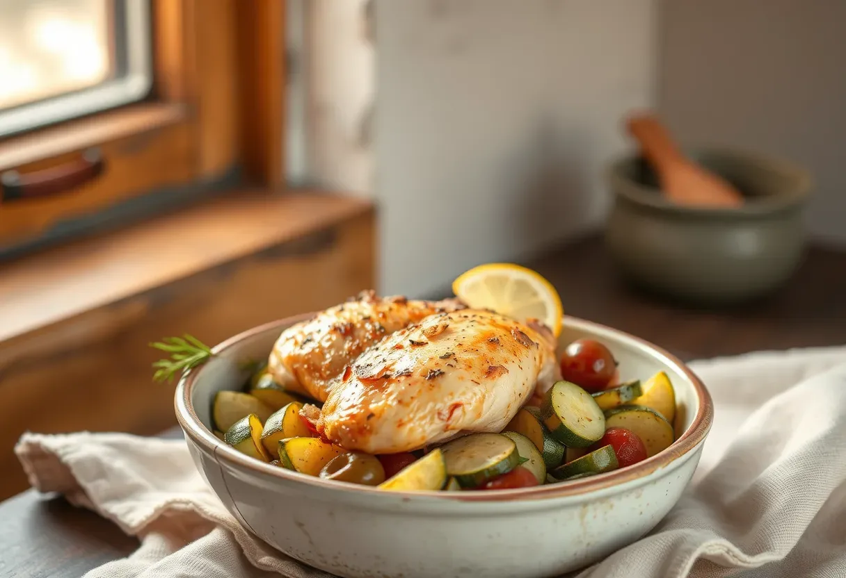 AIP Lemon Herb Slow Cooker Roasted Chicken with Zucchini Olive Salad on a wooden table.