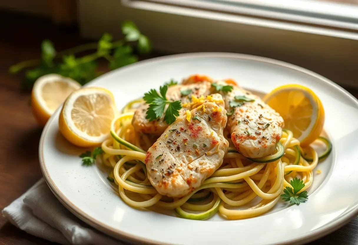 AIP lemon-ginger chicken over zucchini noodles with herbs on a white plate