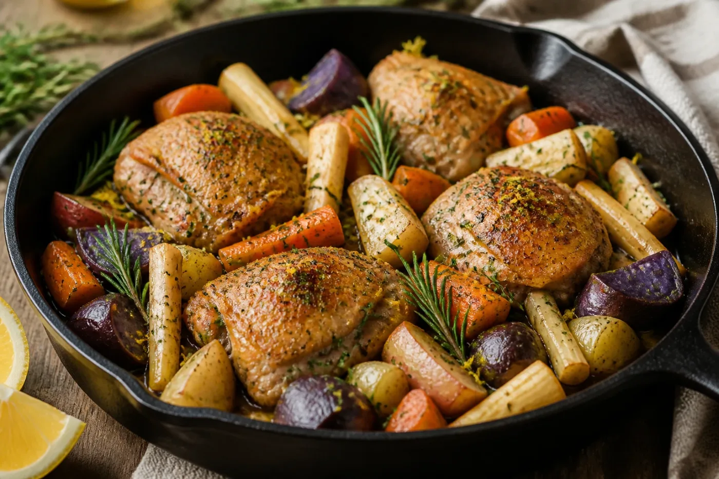 Chicken thighs seared golden served with a medley of roasted carrots, parsnips, and potatoes with lemon zest and herbs.