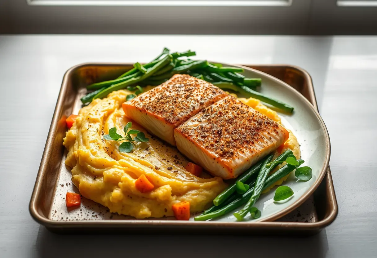 Ginger-Cumin Baked Salmon with Cinnamon-Root Mash and Greens, an AIP compliant dinner.