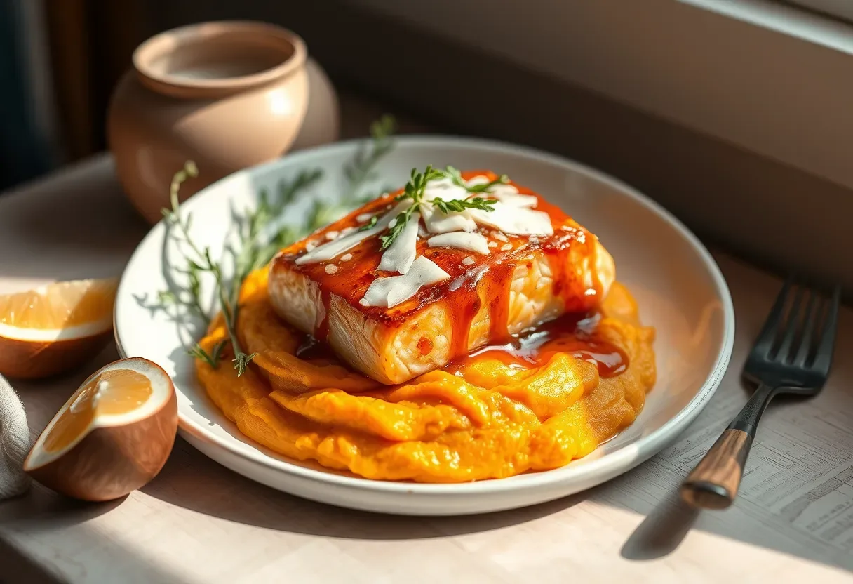 Salmon with coconut-ginger glaze on carrot mash, AIP friendly