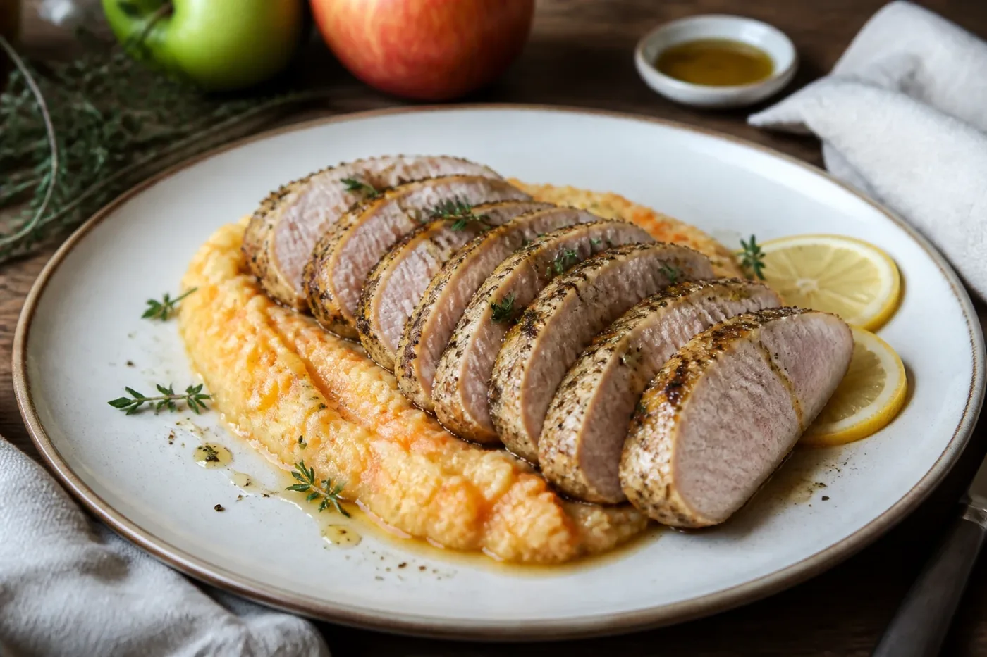 Pork tenderloin with apple-carrot mash and fresh herbs on a rustic plate.