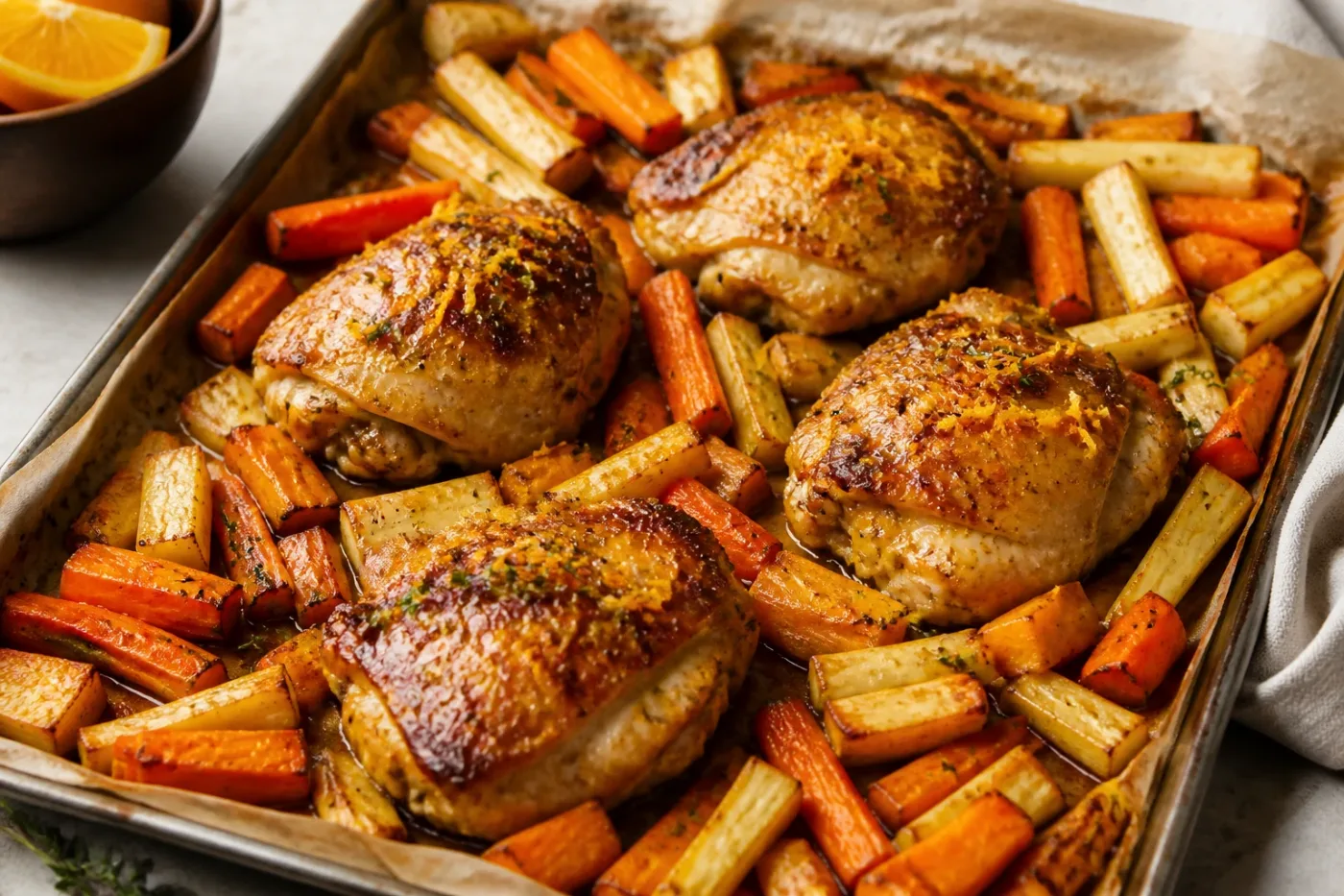 Searing chicken thighs, citrus-ginger glaze, and roasted root medley on a sheet pan for a Paleo-AIP dinner.