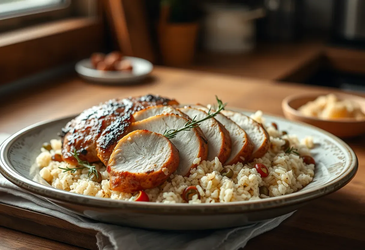 Slow-Roasted Rosemary Turkey Breast with Cauliflower Rice Pilaf, AIP friendly.