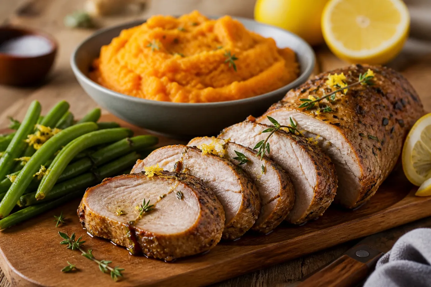 Roasted pork tenderloin with lemon herb, served beside creamy apple-carrot mash.