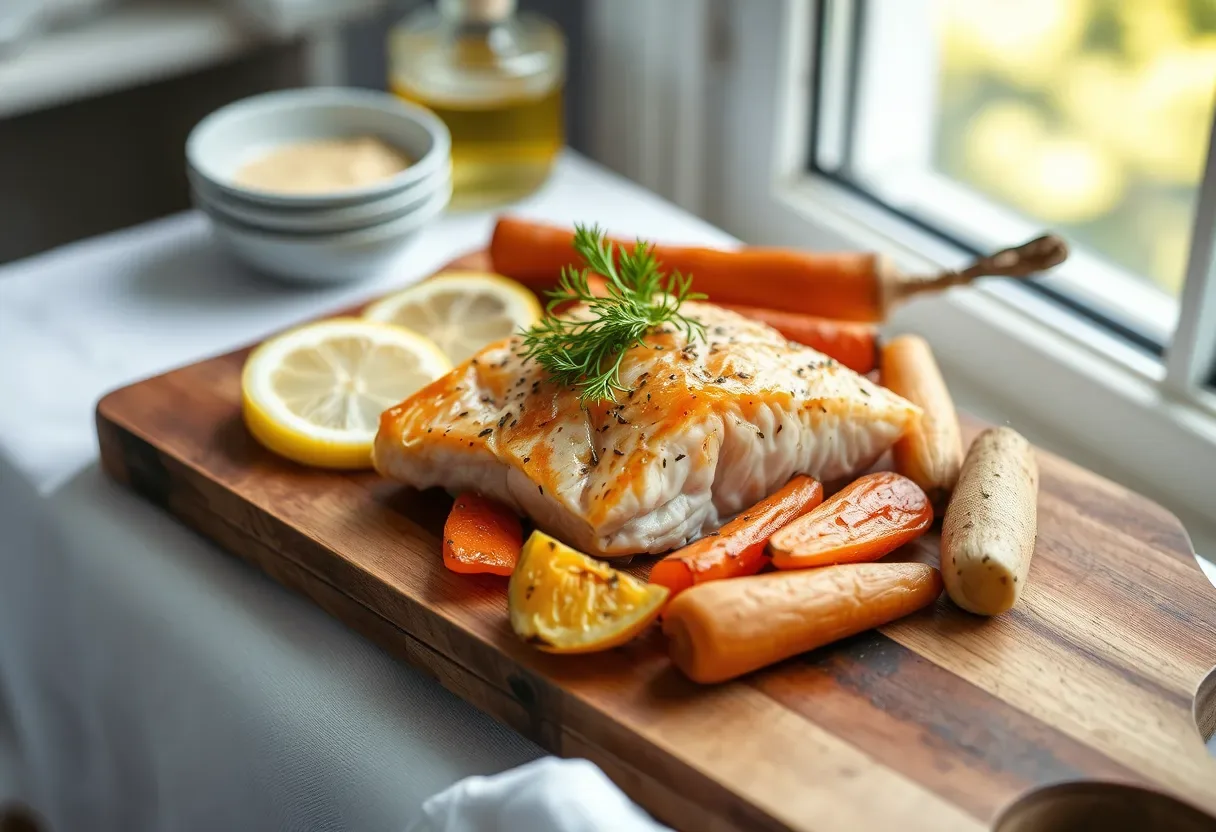 Baked salmon with citrus-ginger glaze served with roasted root vegetables on a light wooden background