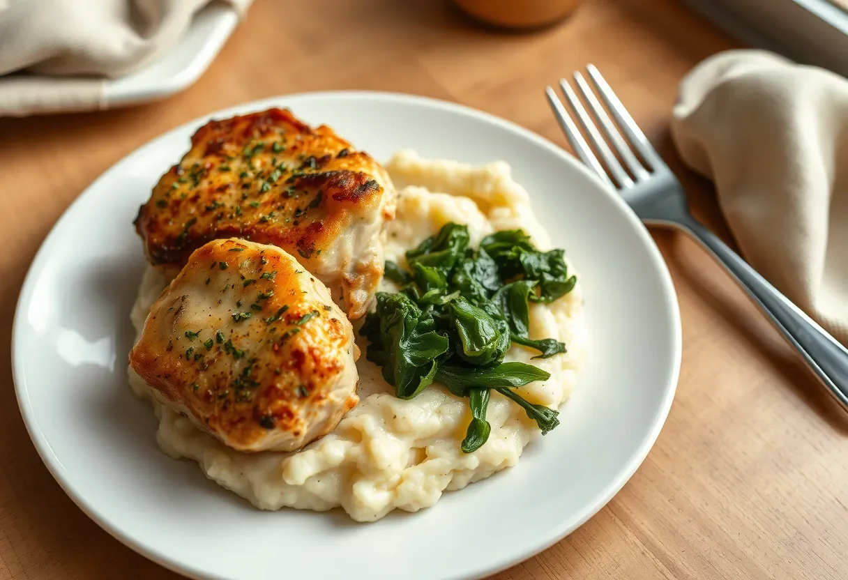 Herbed chicken thighs served with smooth cauliflower mash and sautéed greens