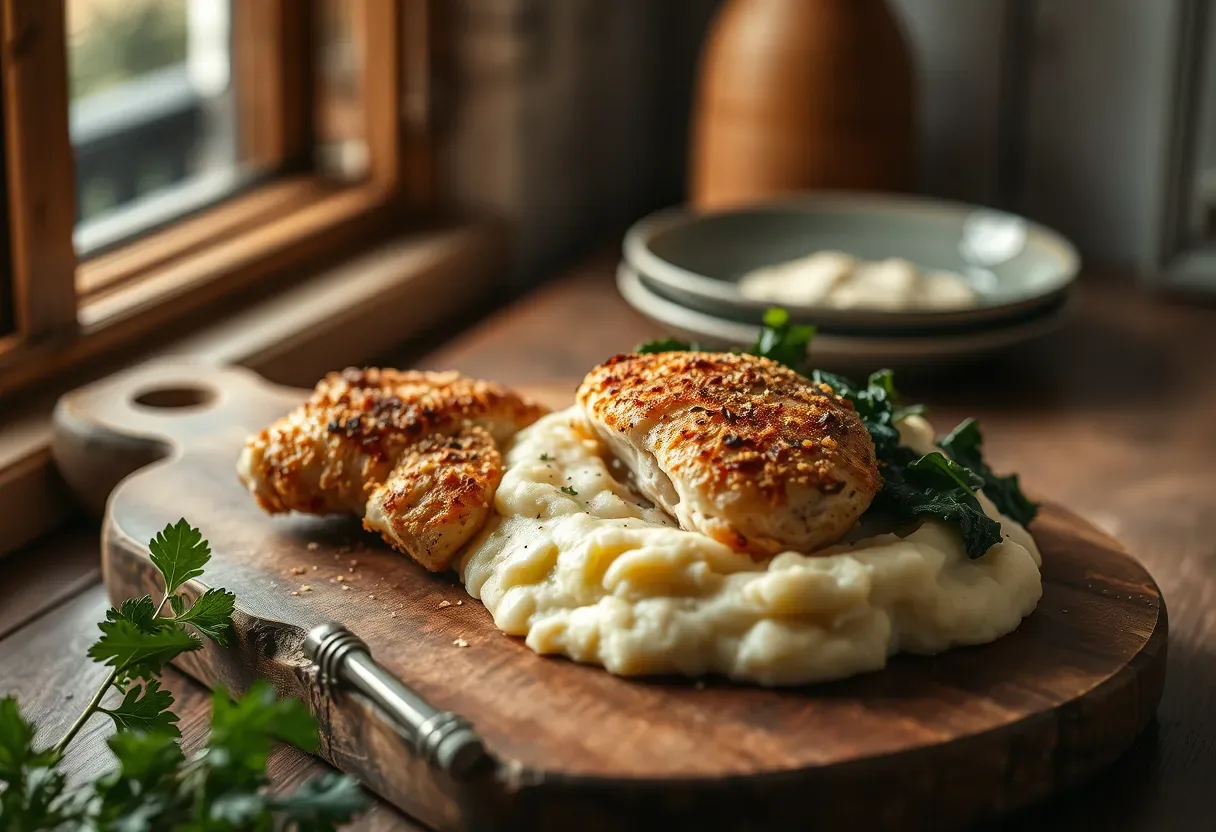 Coconut-crusted chicken thighs with celeriac mash and greens