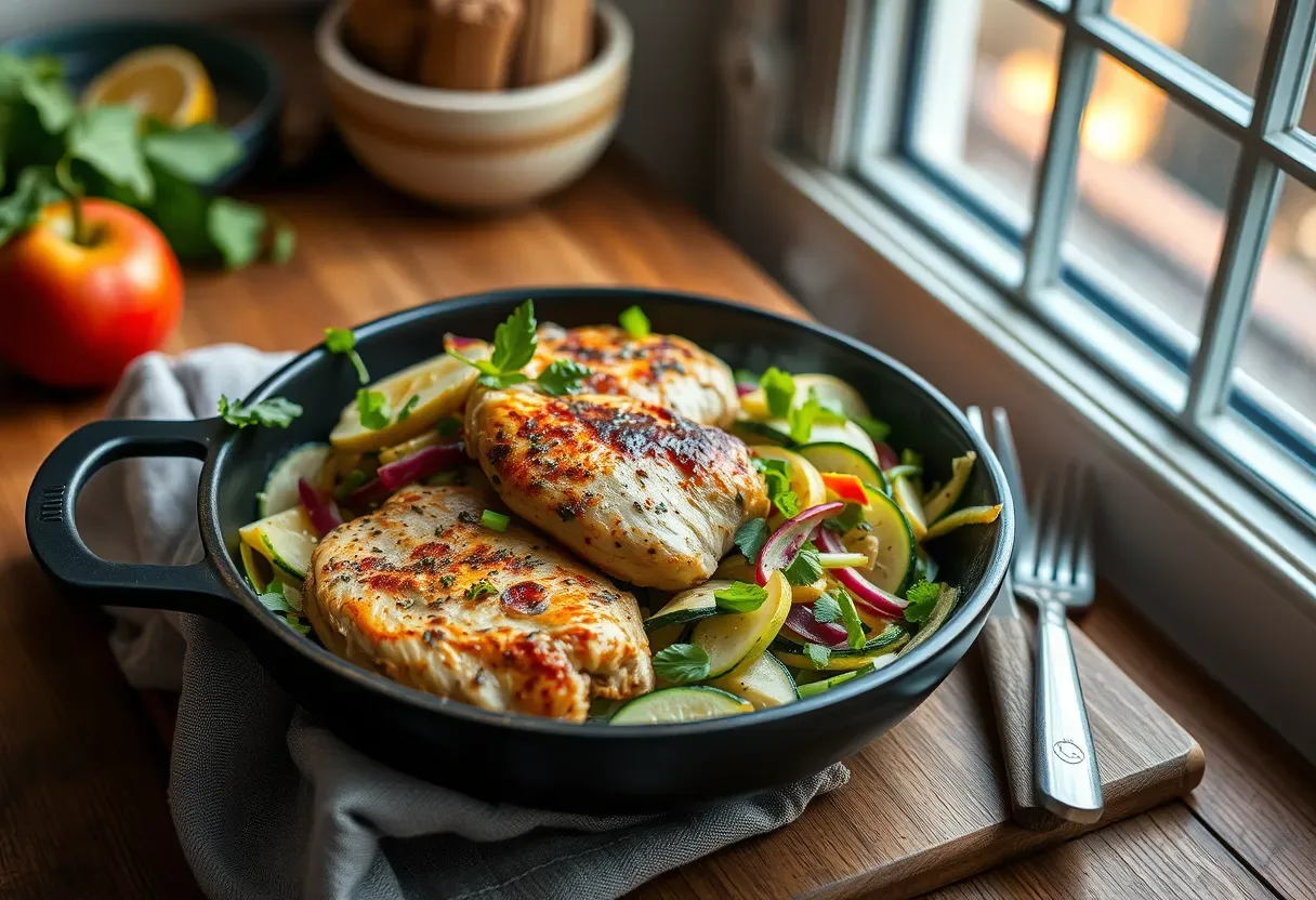 Lemon-herb chicken thighs with sautéed zucchini and apple slaw
