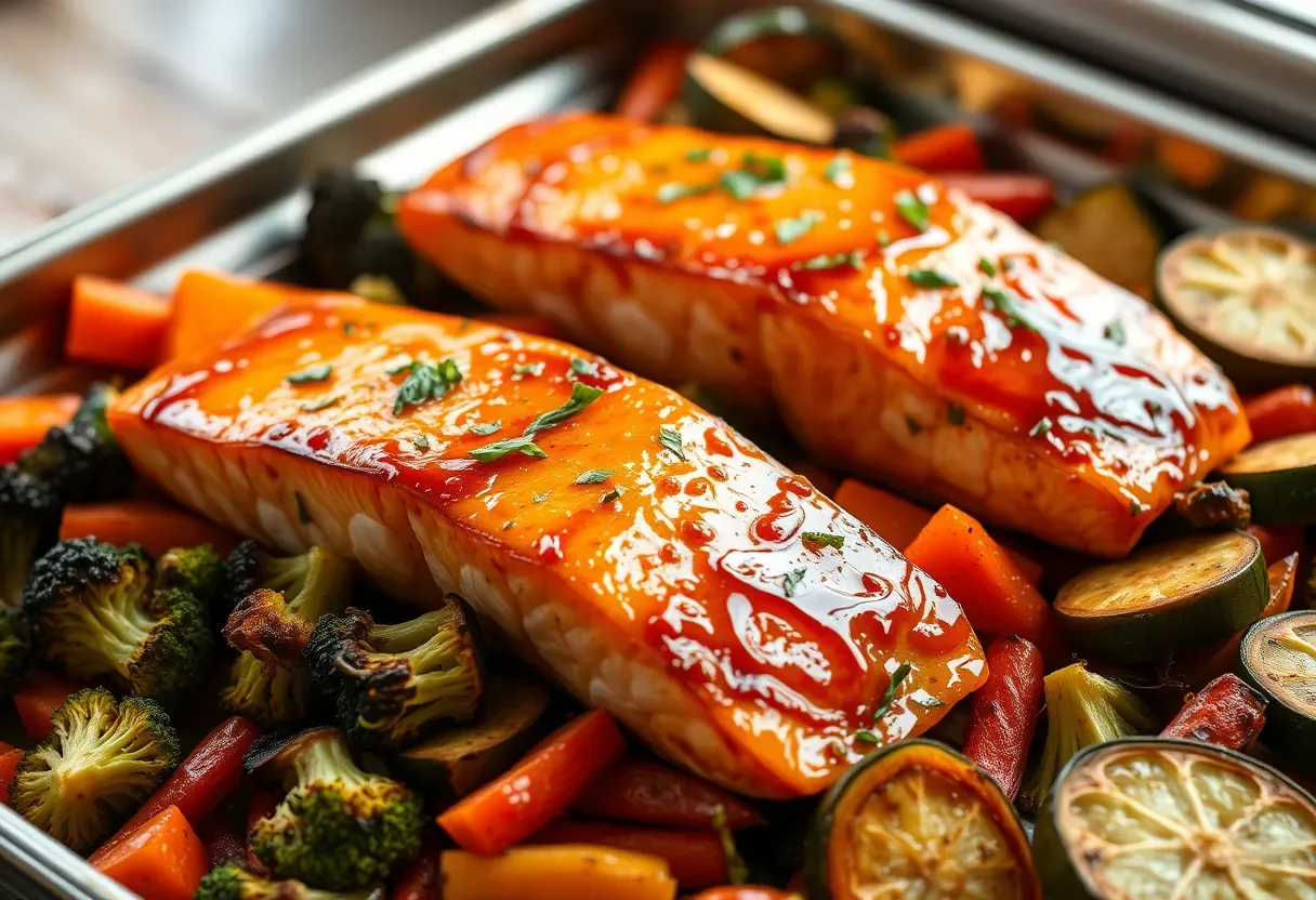 Ginger garlic salmon with roasted vegetables on a baking sheet