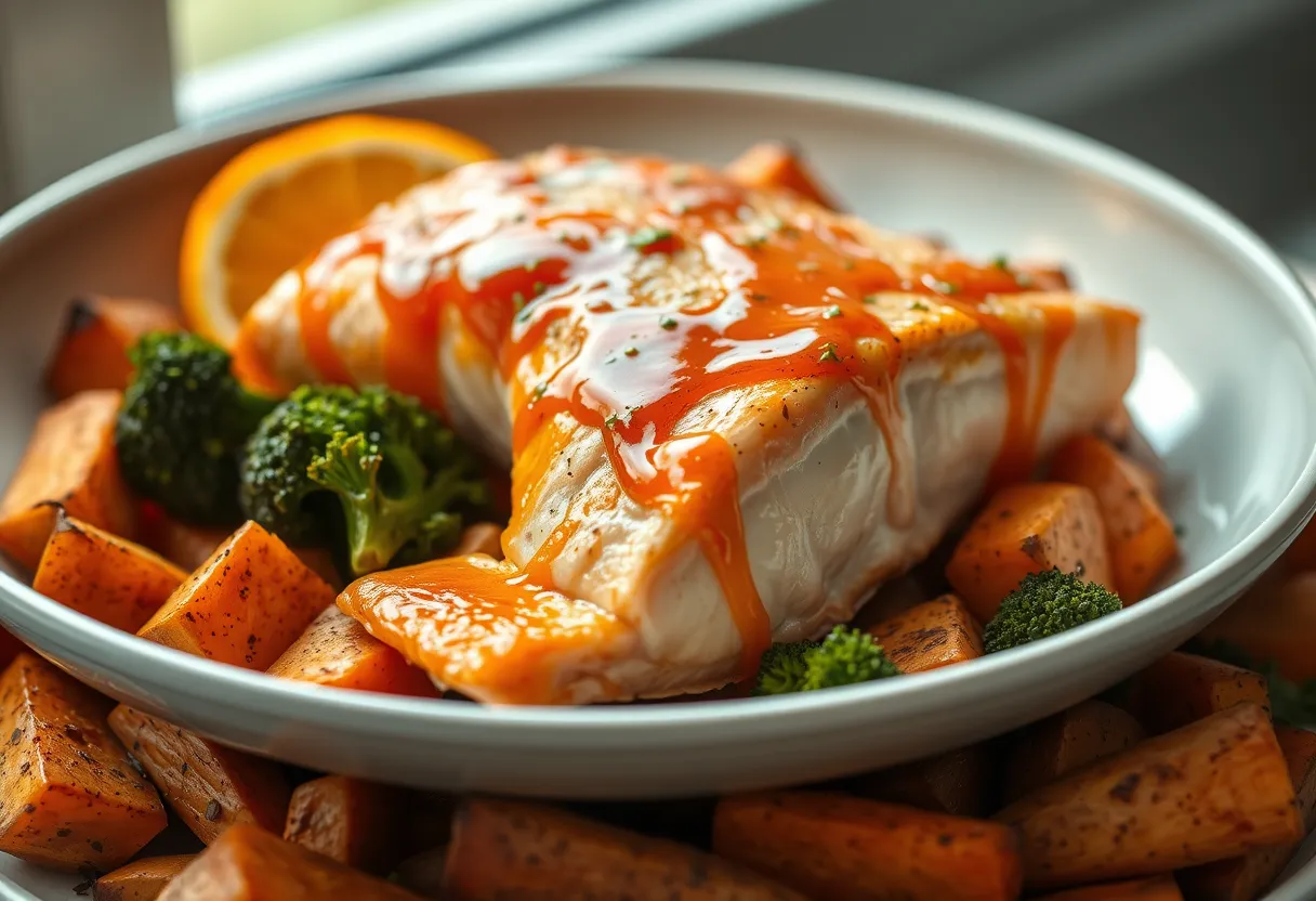 Salmon with orange-ginger glaze over roasted root vegetables