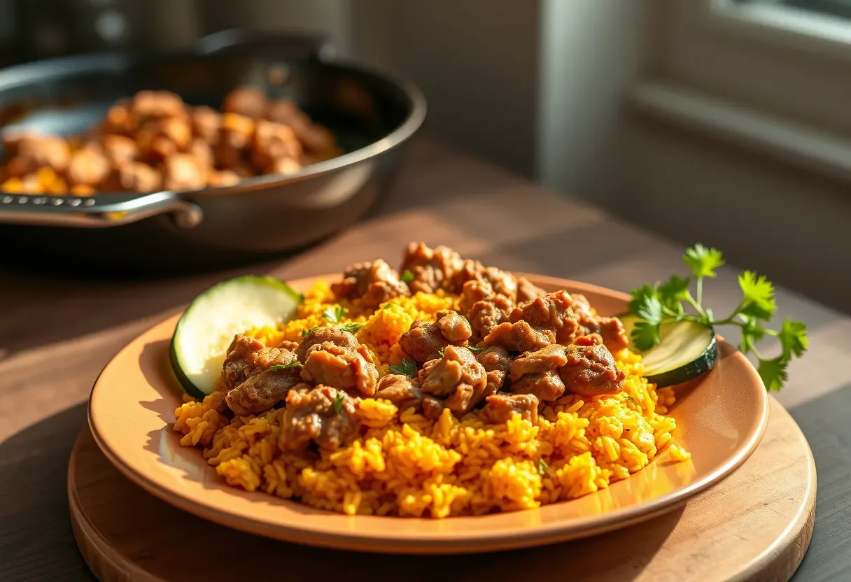 Turkey skillet with turmeric carrot rice and zucchini ribbons
